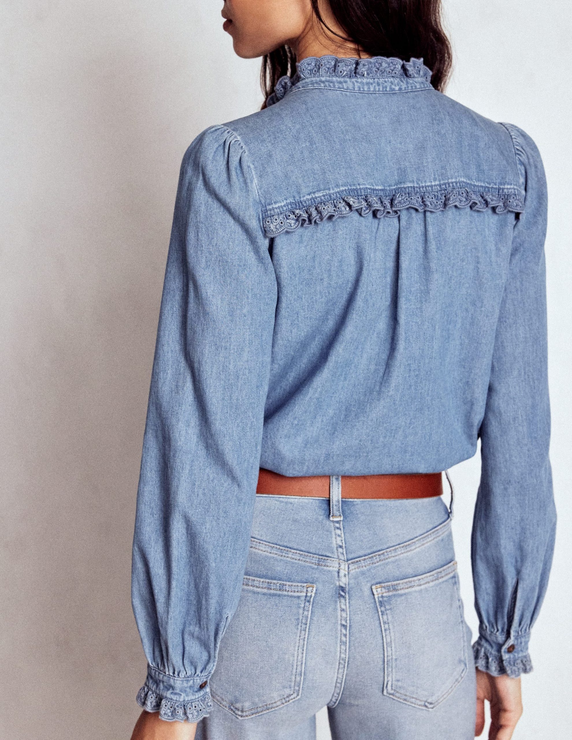 Helena Denim Ruffle Neck Top-Light Authentic - Image 2