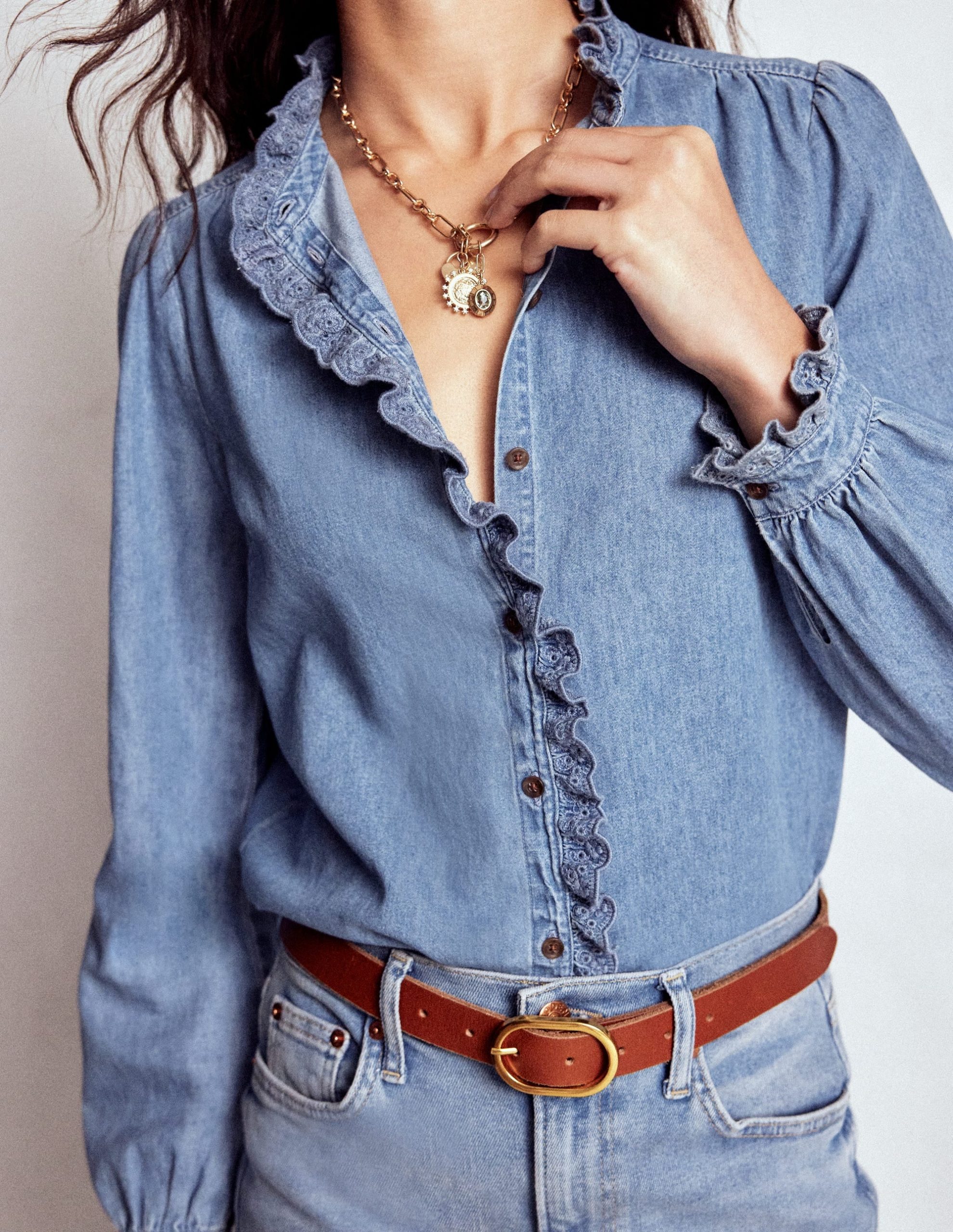 Helena Denim Ruffle Neck Top-Light Authentic - Image 3