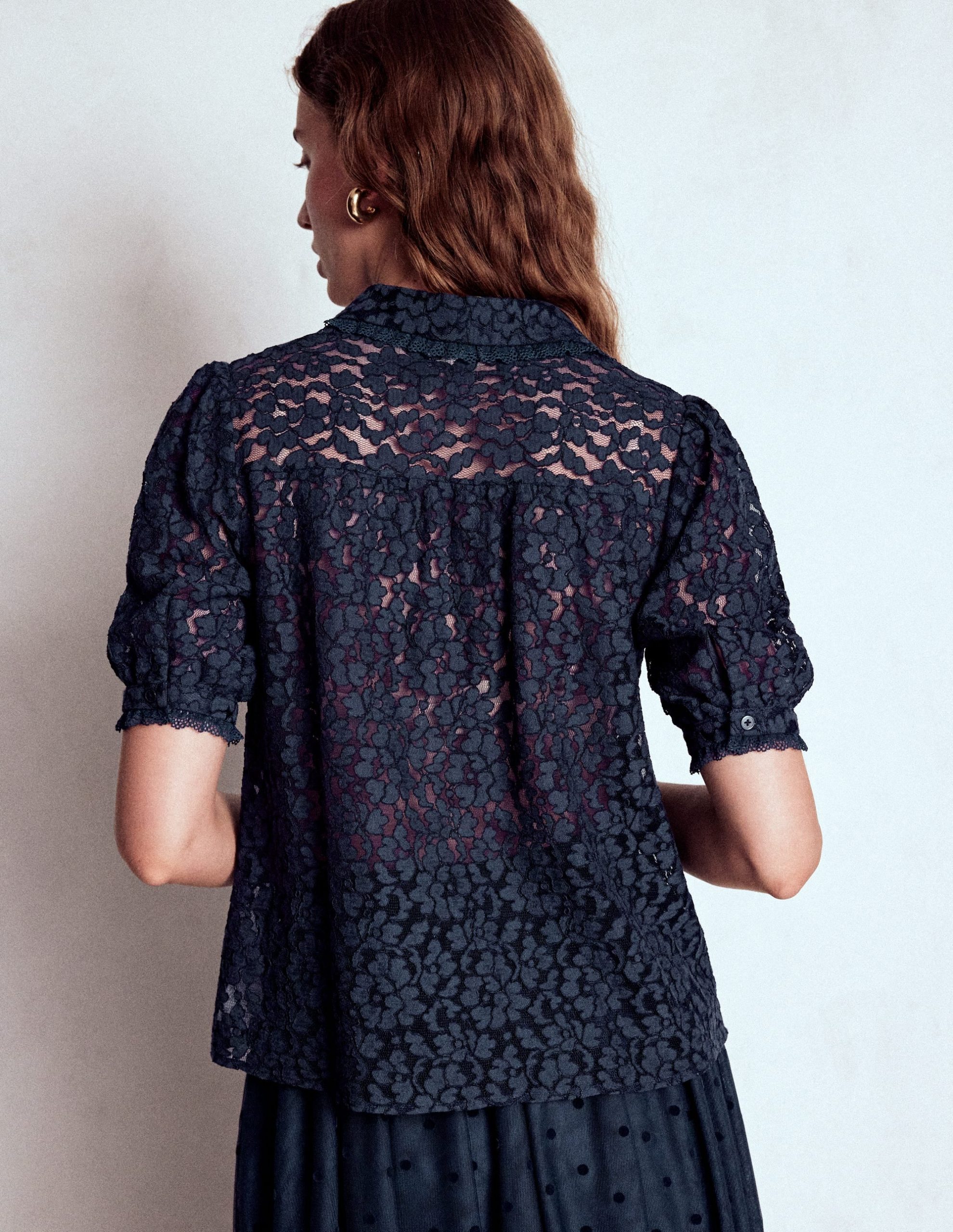 Short Sleeve Lace Blouse-Navy - Image 3