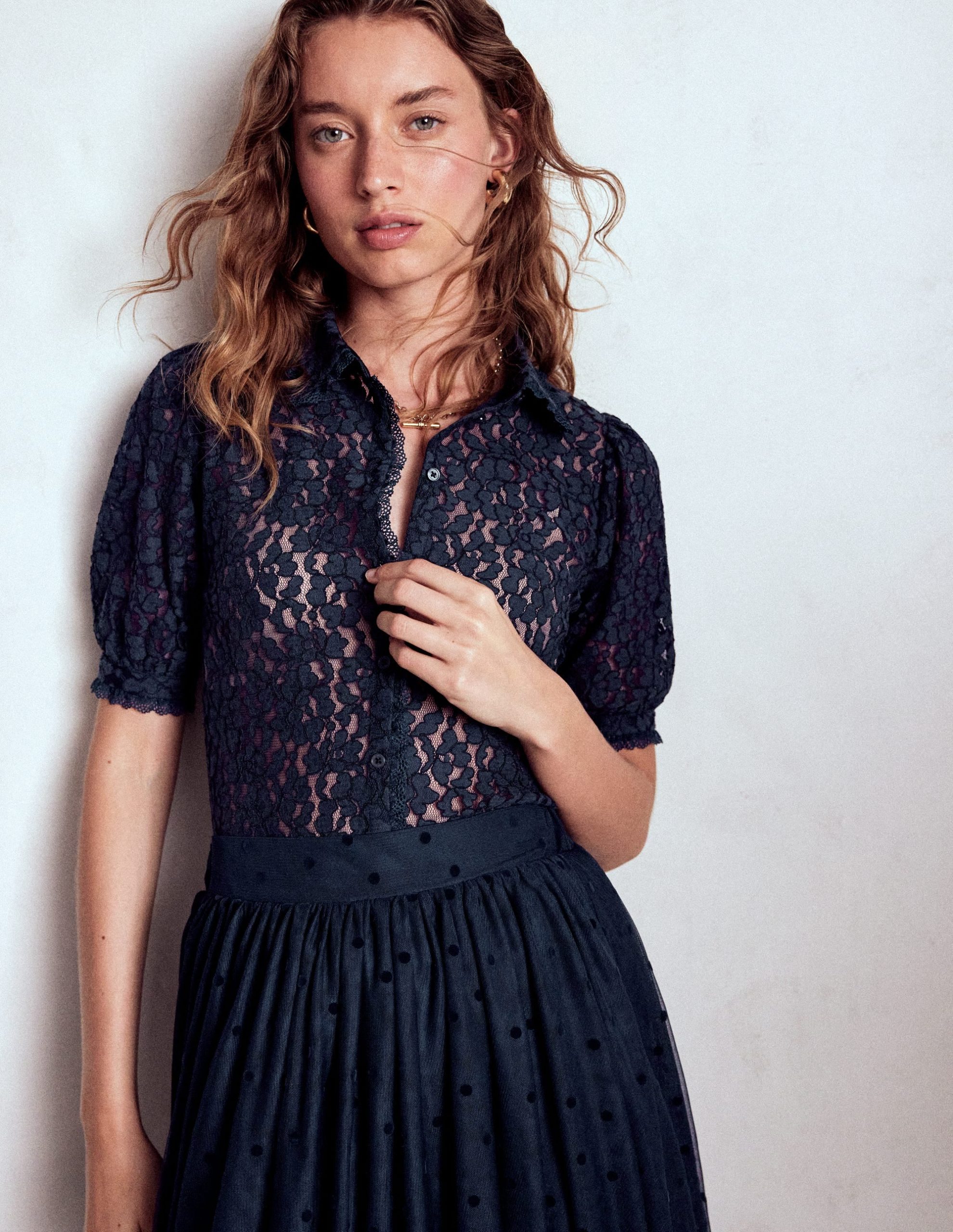 Short Sleeve Lace Blouse-Navy - Image 5
