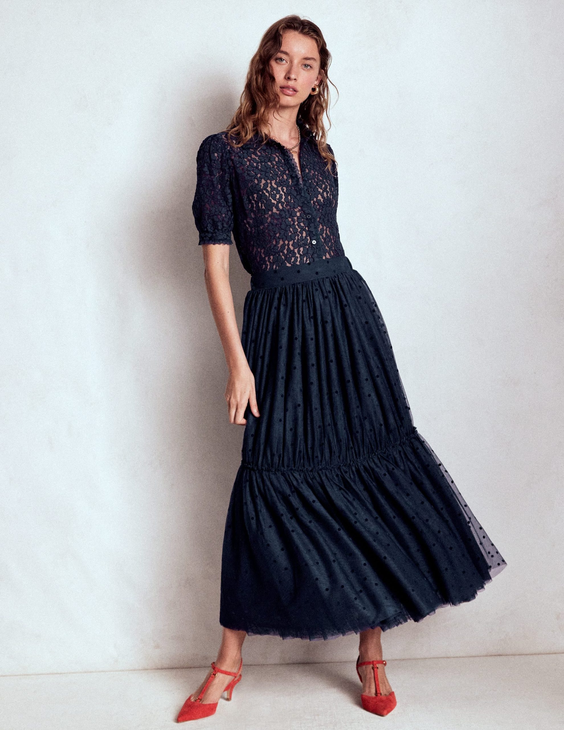 Short Sleeve Lace Blouse-Navy - Image 6