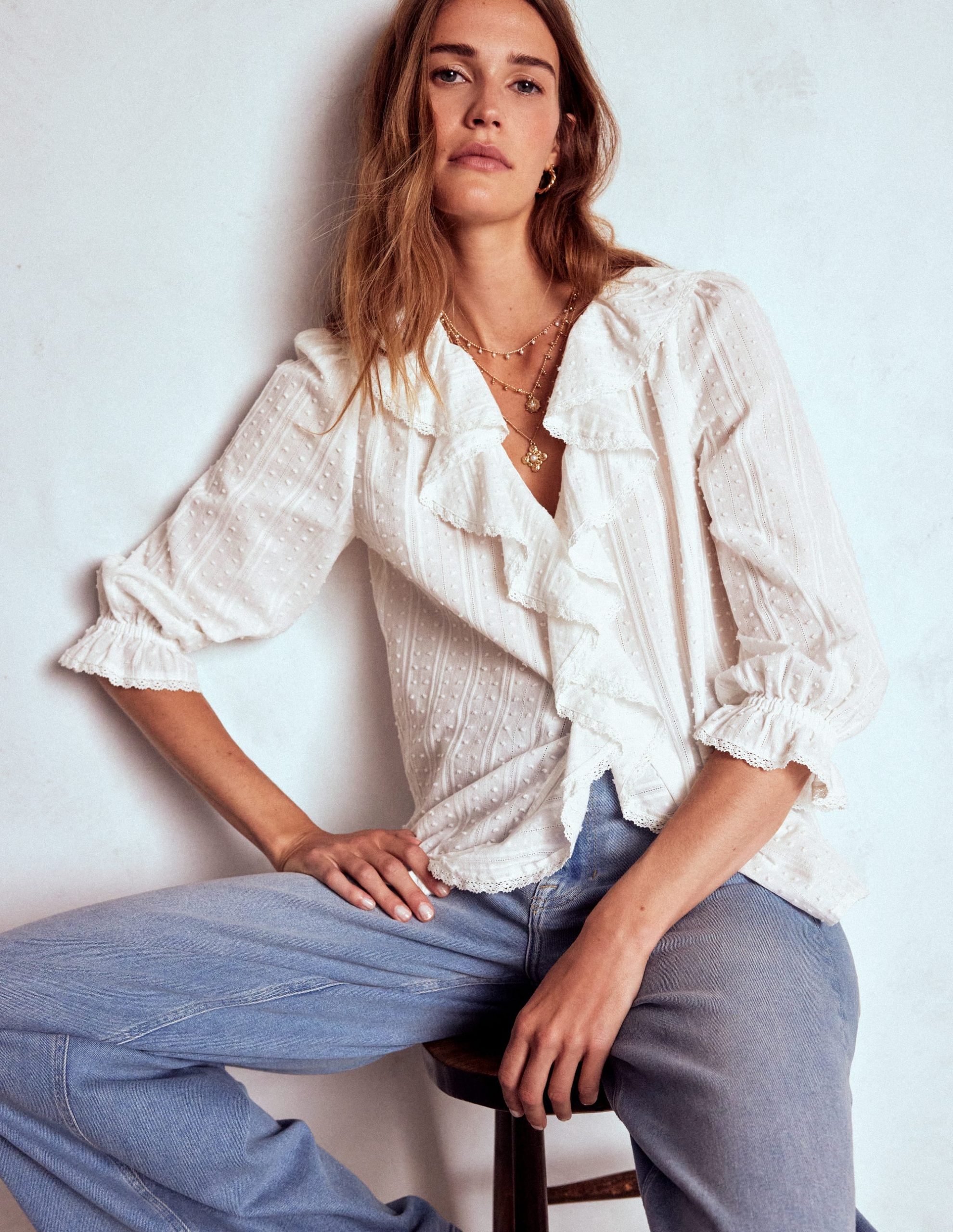 Ruffle V-Neck Blouse-White