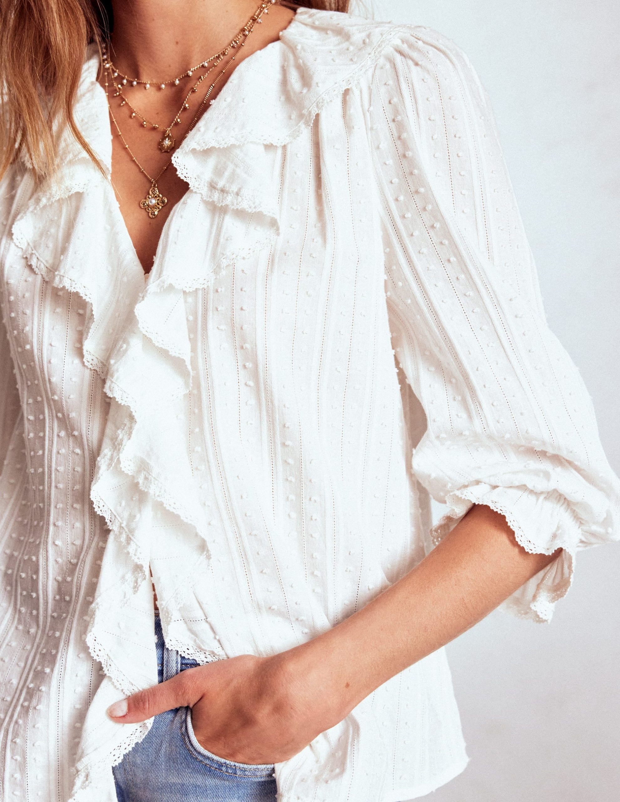 Ruffle V-Neck Blouse-White - Image 2