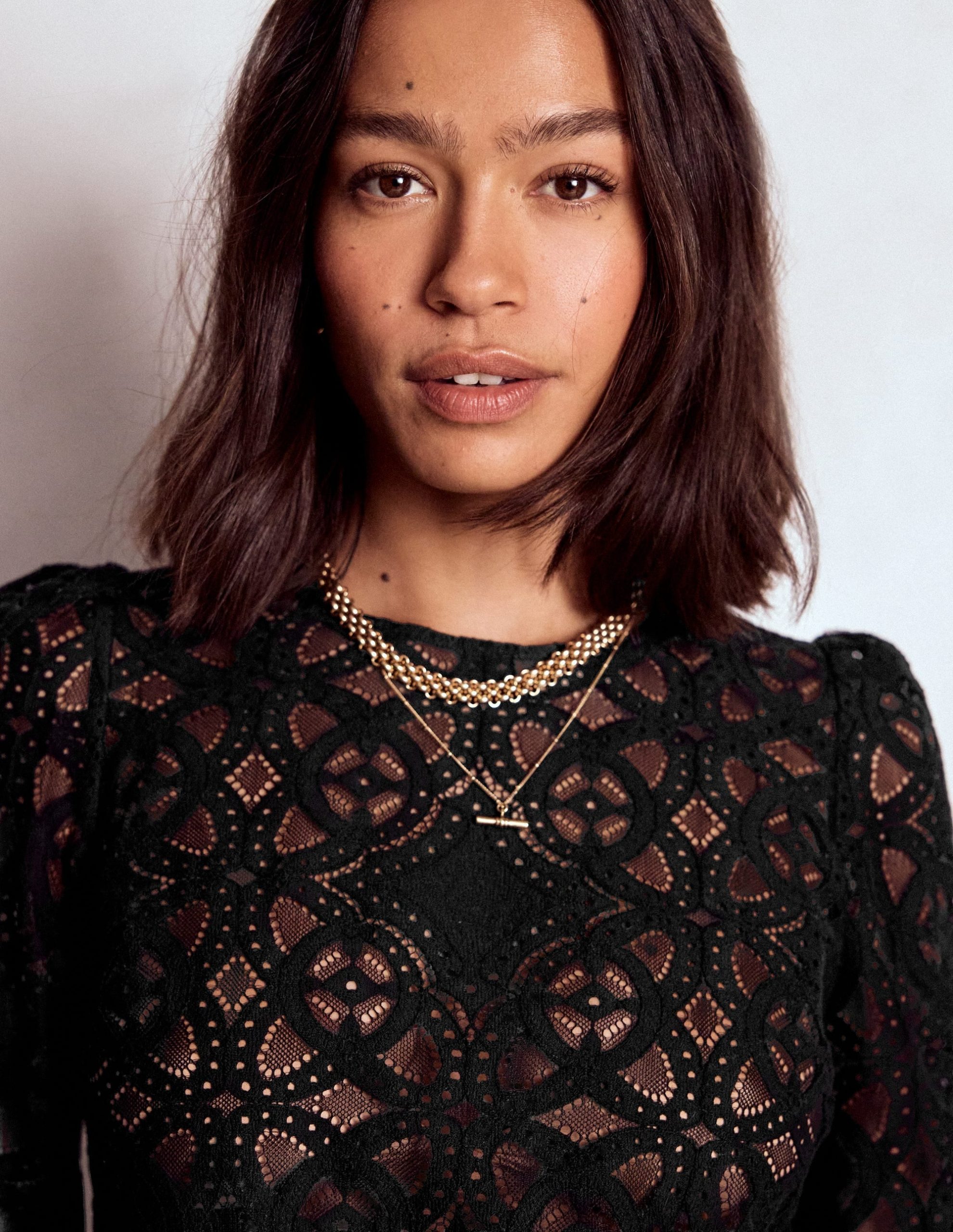 Lace Crew Neck Top-Black