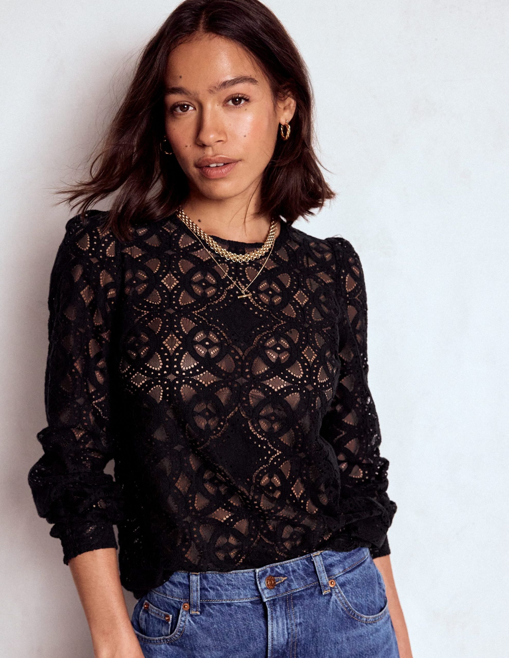 Lace Crew Neck Top-Black - Image 2