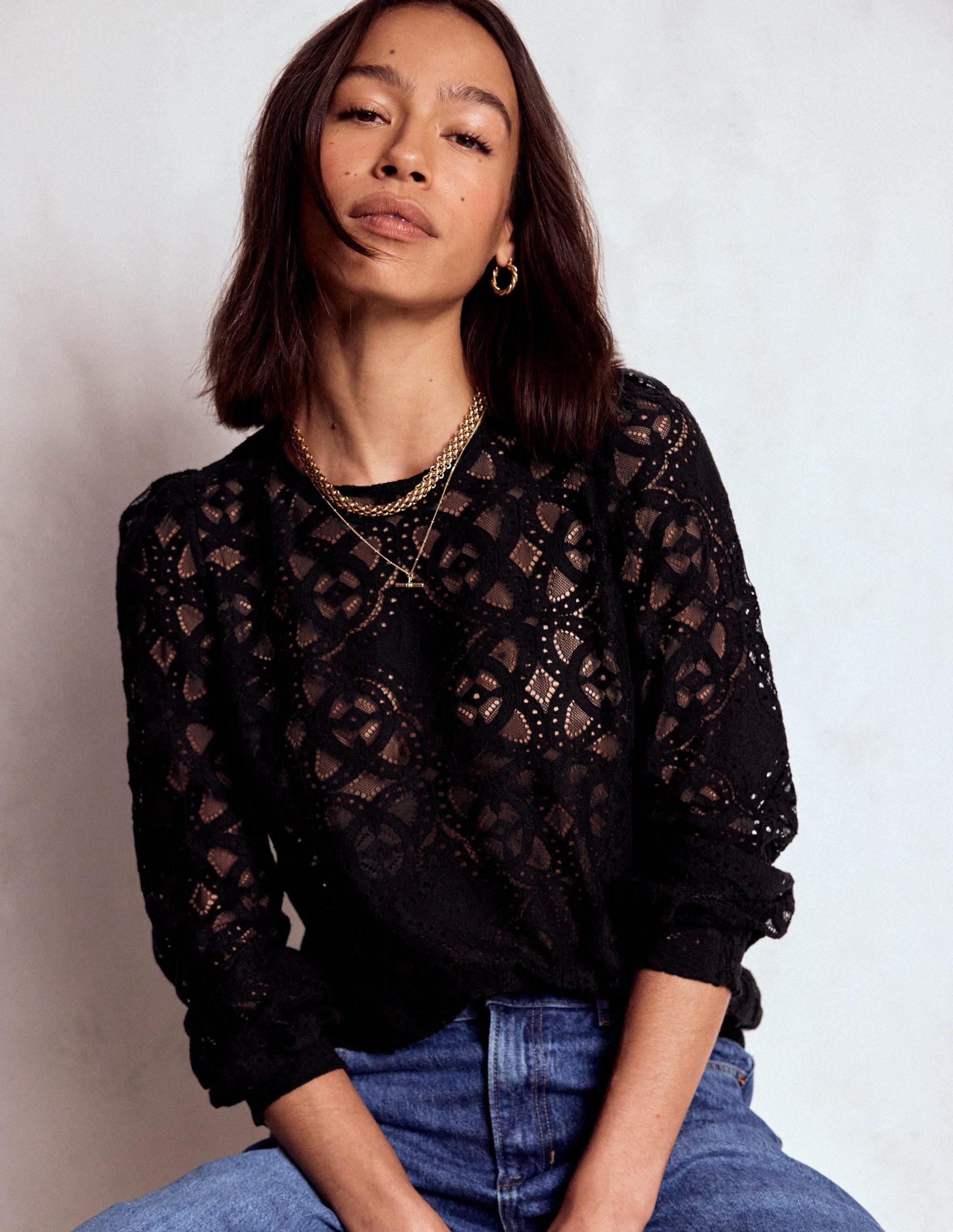 Lace Crew Neck Top-Black - Image 5