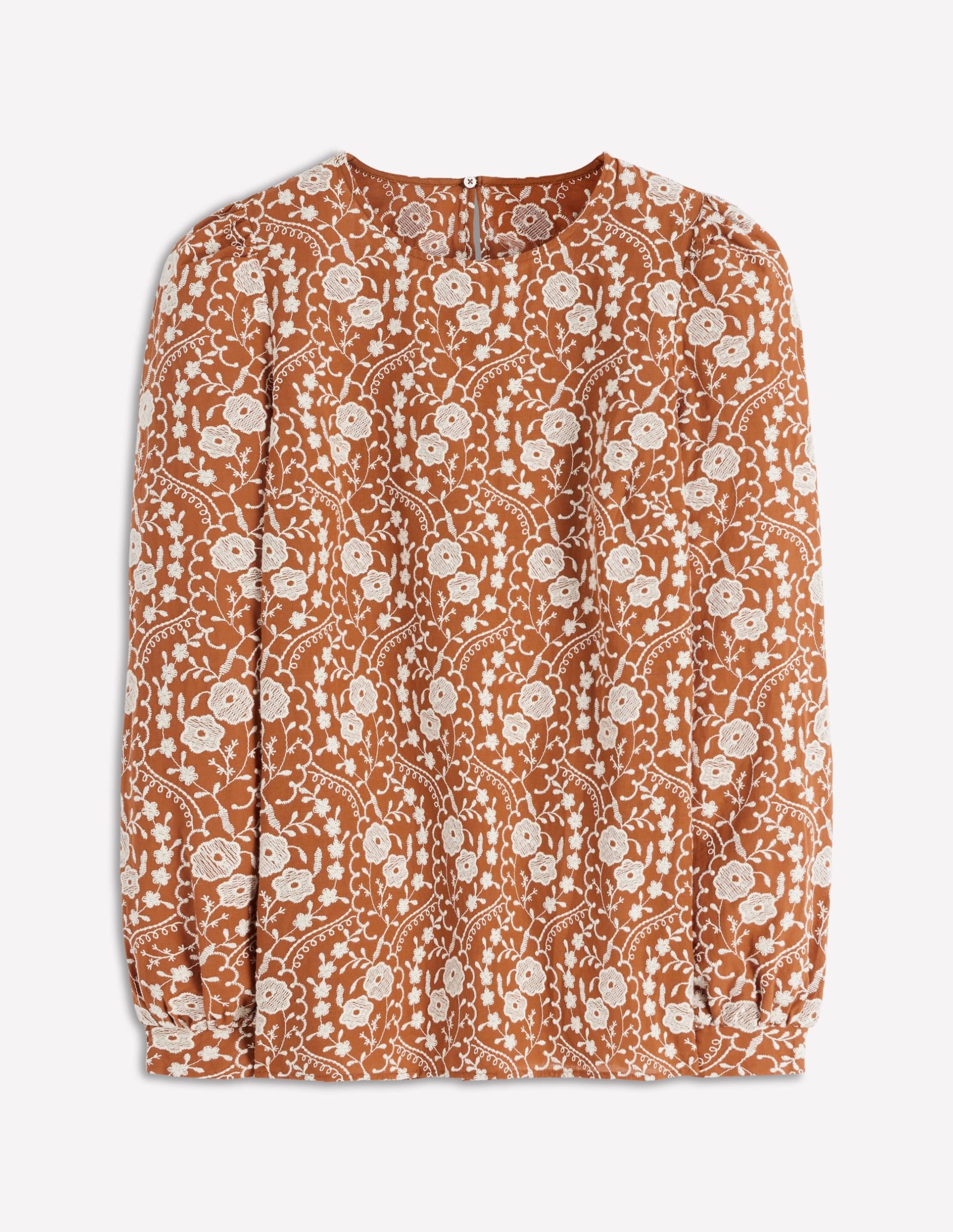 Embroidered Cotton Dobby Top-Brown - Image 7