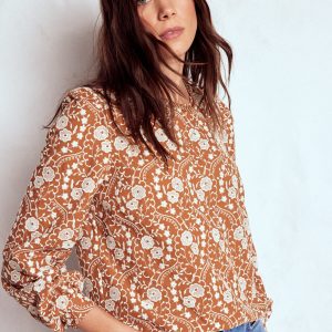 Embroidered Cotton Dobby Top-Brown