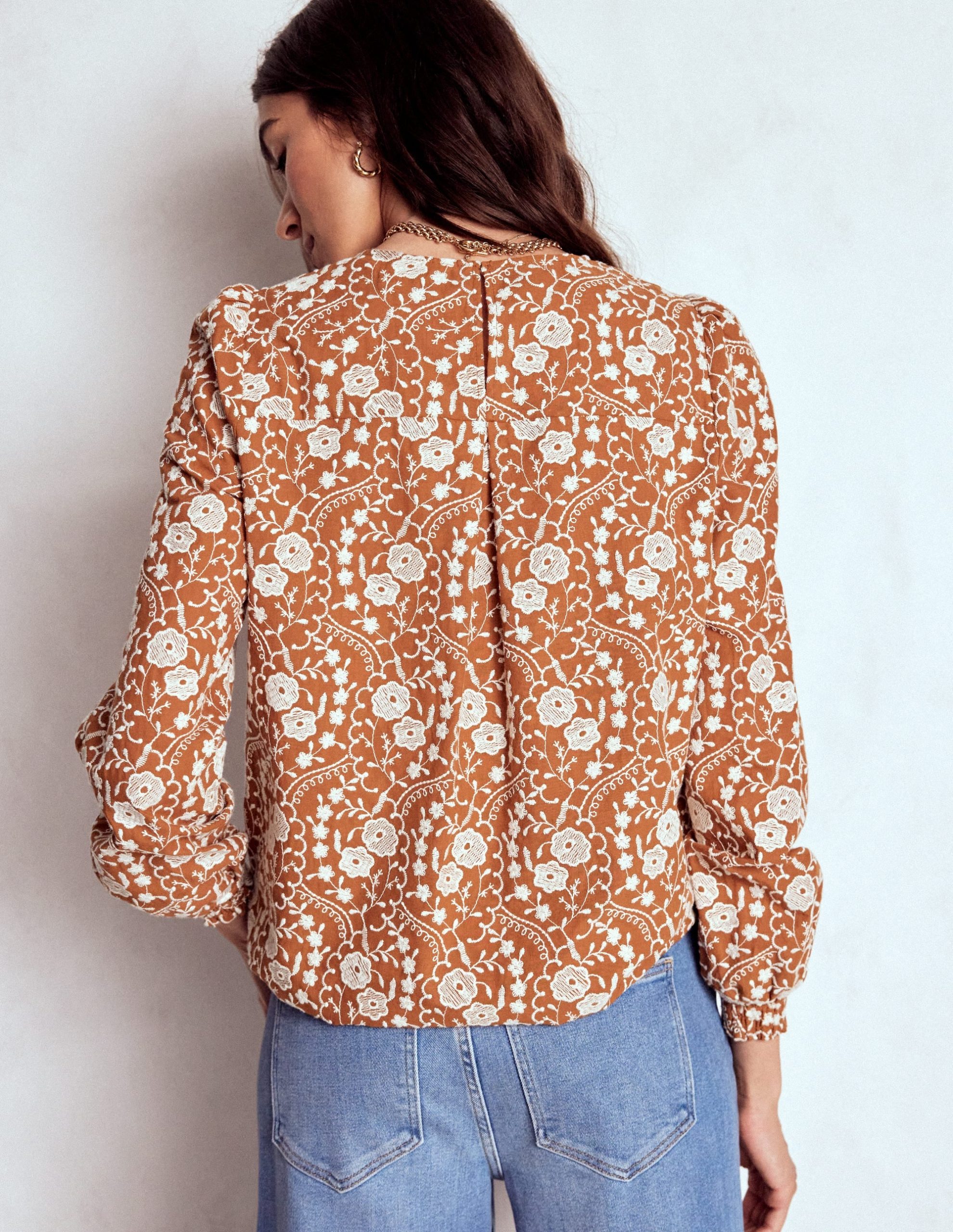 Embroidered Cotton Dobby Top-Brown - Image 3