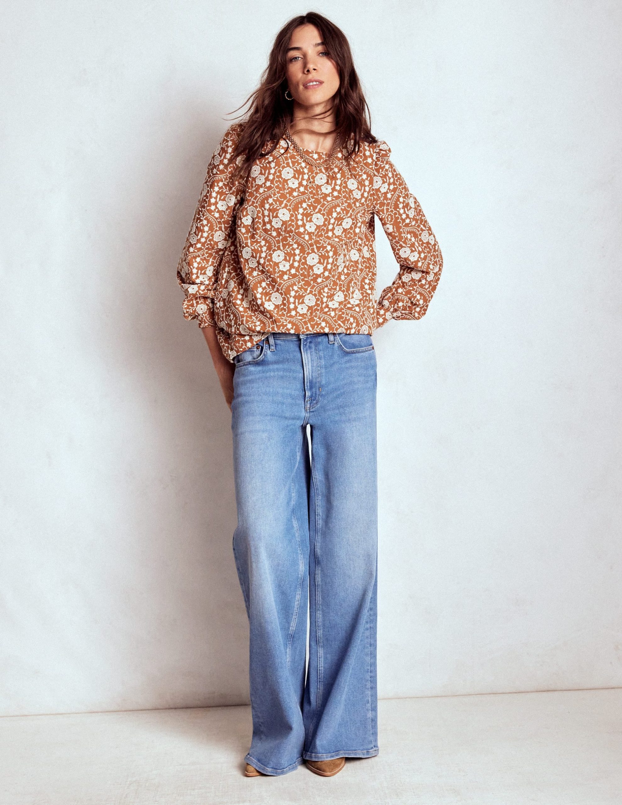 Embroidered Cotton Dobby Top-Brown - Image 4