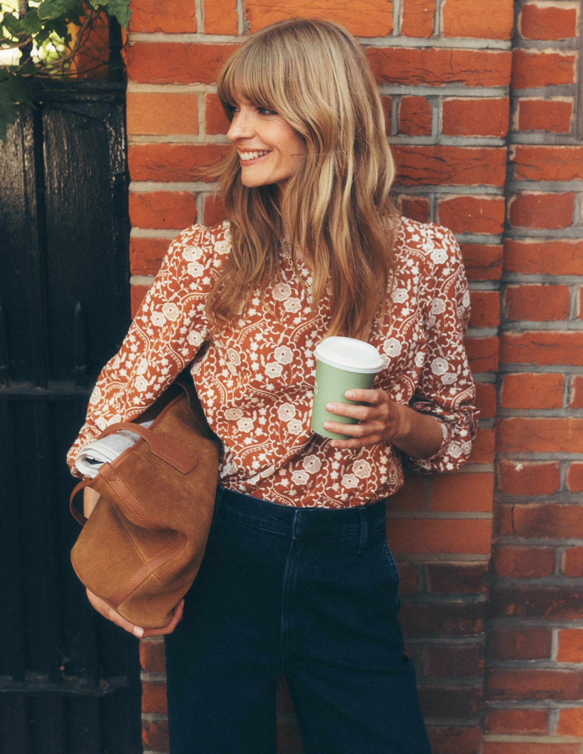 Embroidered Cotton Dobby Top-Brown - Image 6