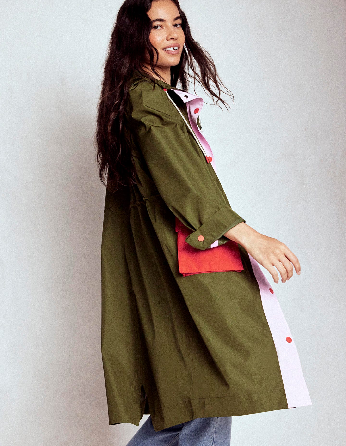 Longline Rain Mac-Khaki Colourblock - Image 5