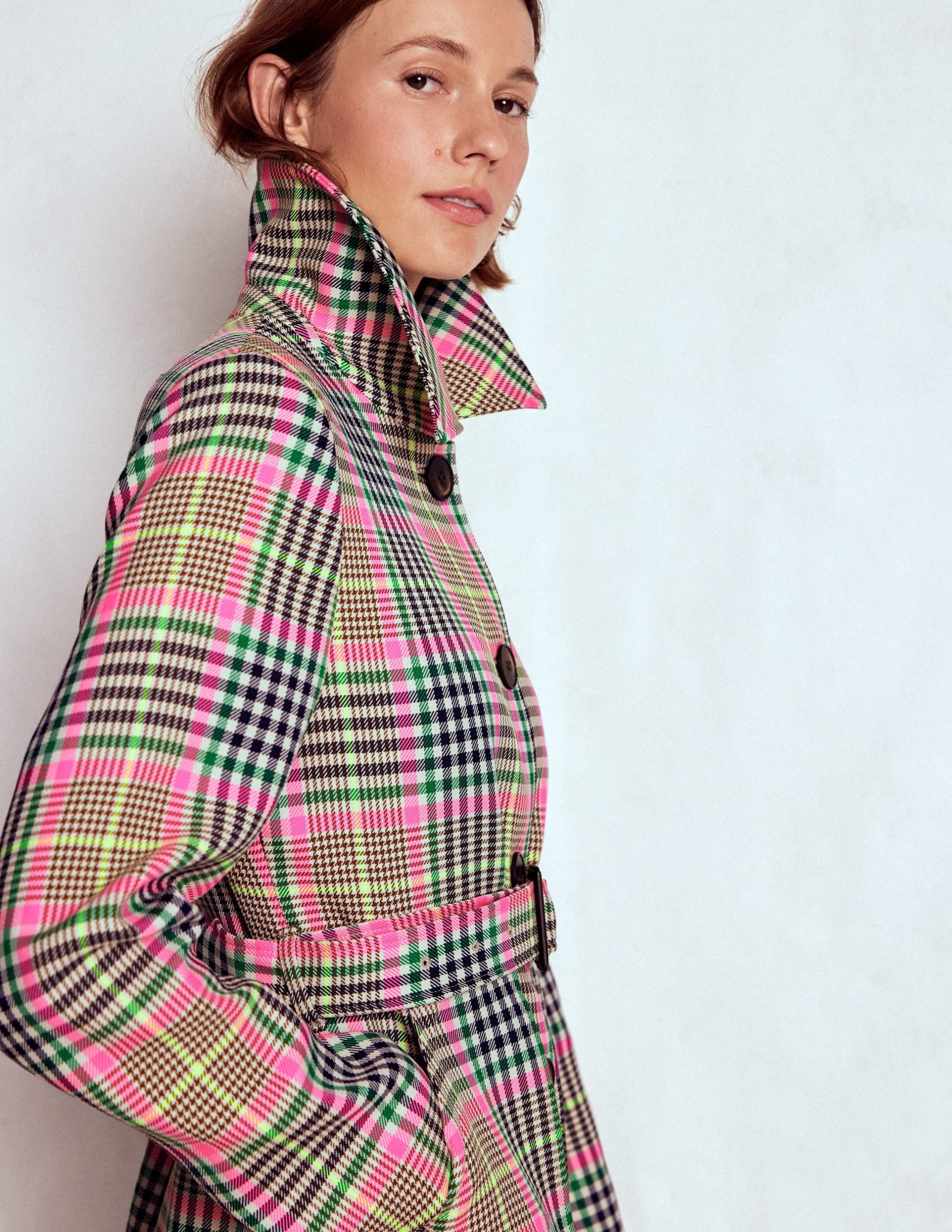 Lancaster Belted Mac-Brown. Neon Pink Check - Image 4
