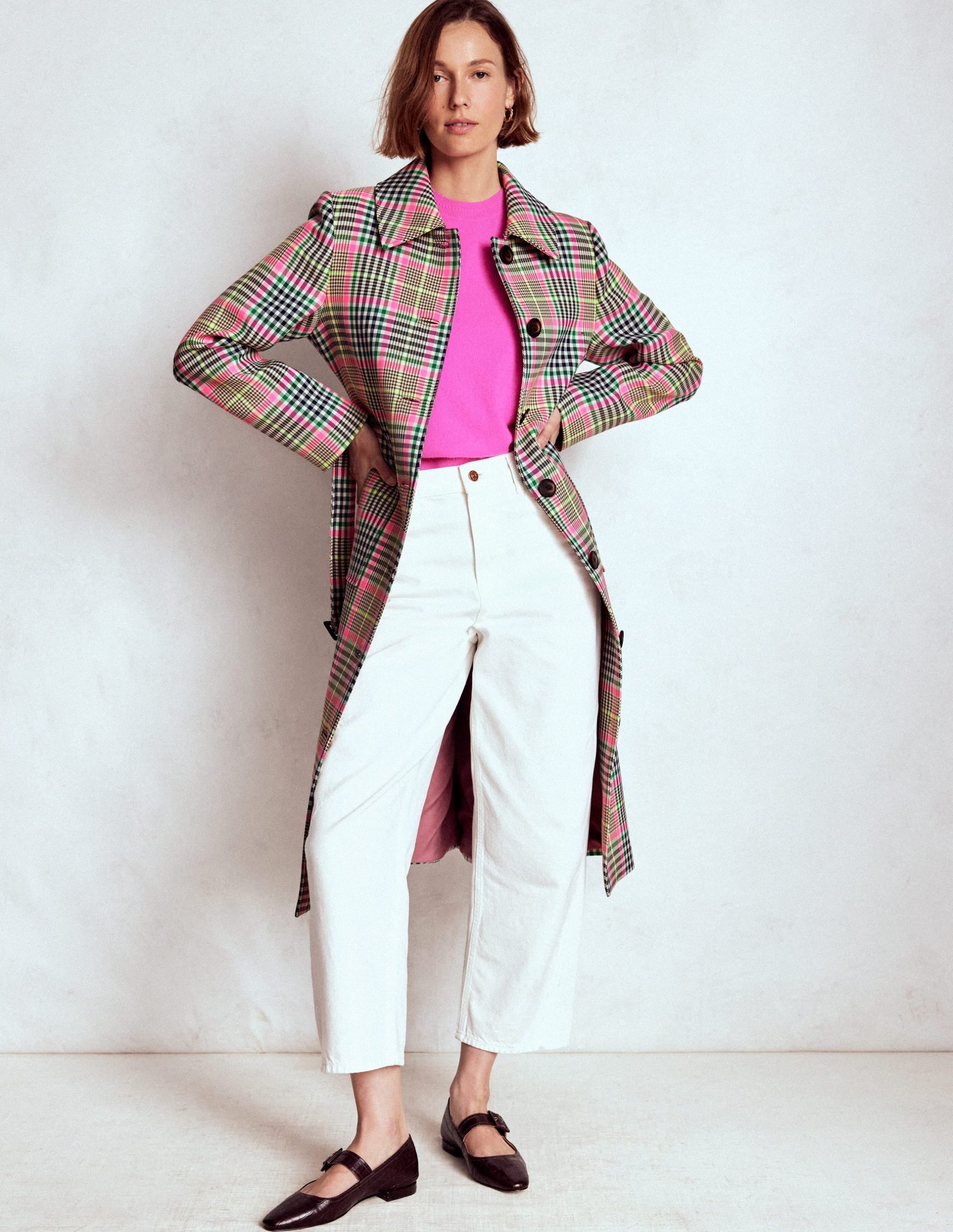 Lancaster Belted Mac-Brown. Neon Pink Check - Image 5