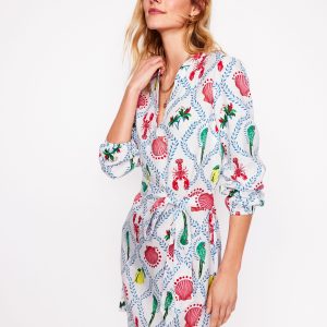 Cleo Linen Tie Waist Dress-Ivory. Tropical Bonanza Vine