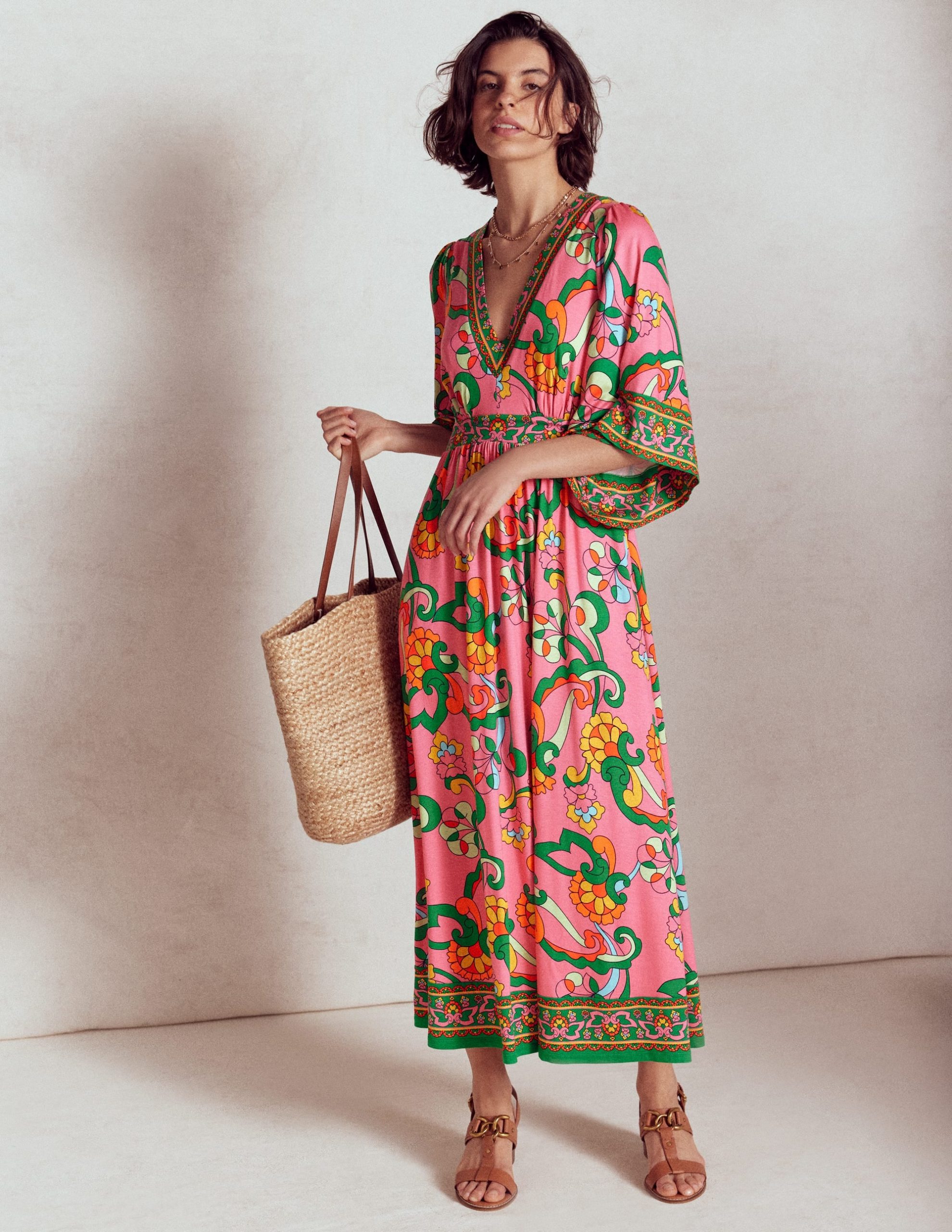 Maya Kimono Jersey Maxi Dress-Pink Rose. Foliage Trail