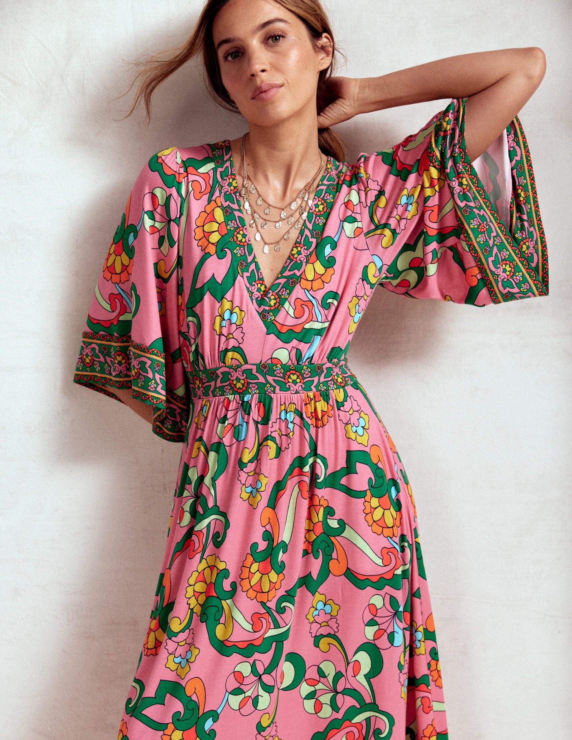 Maya Kimono Jersey Maxi Dress-Pink Rose. Foliage Trail - Image 3