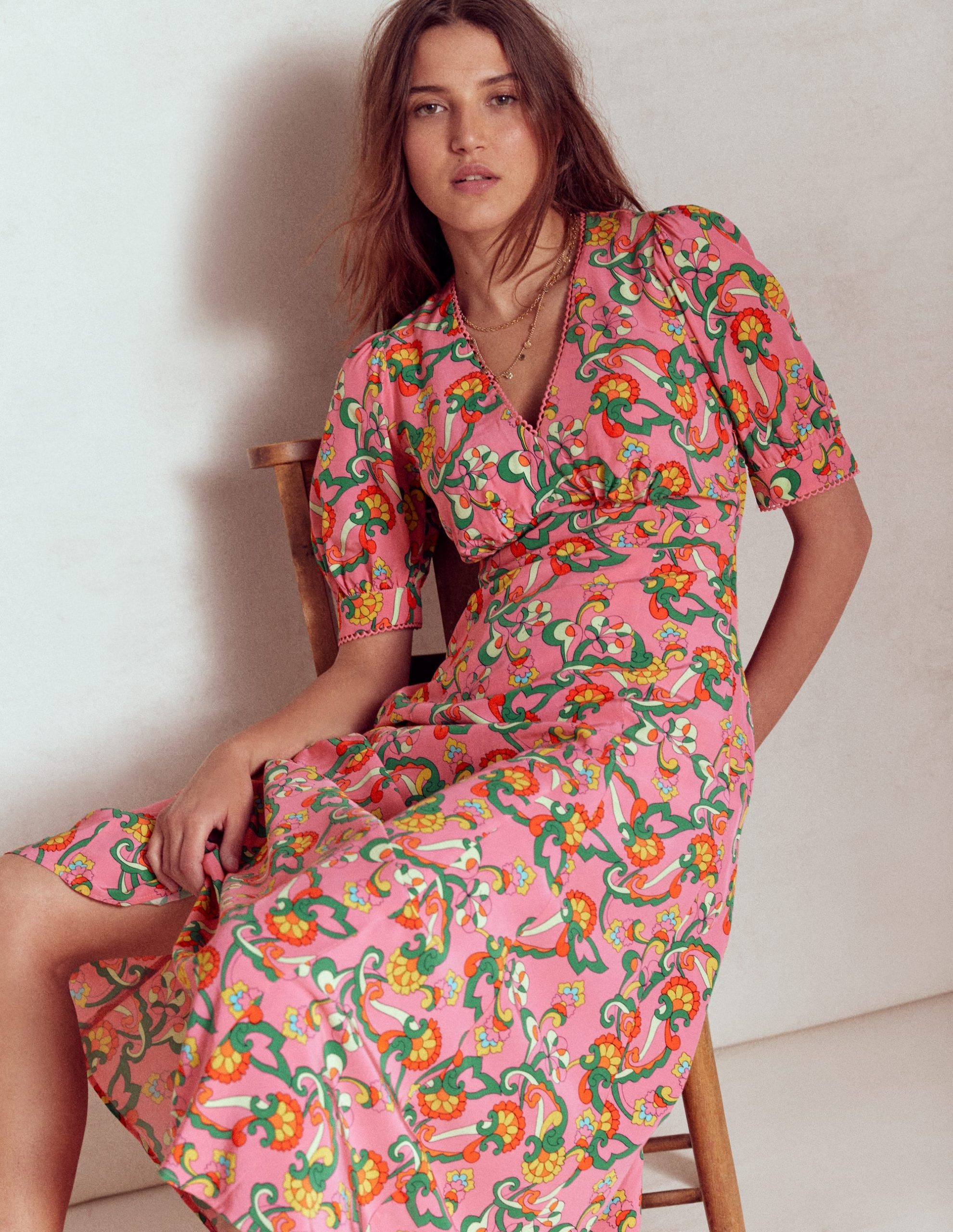 Rosie Godet Tea Dress-Pink Rose. Foliage Trail
