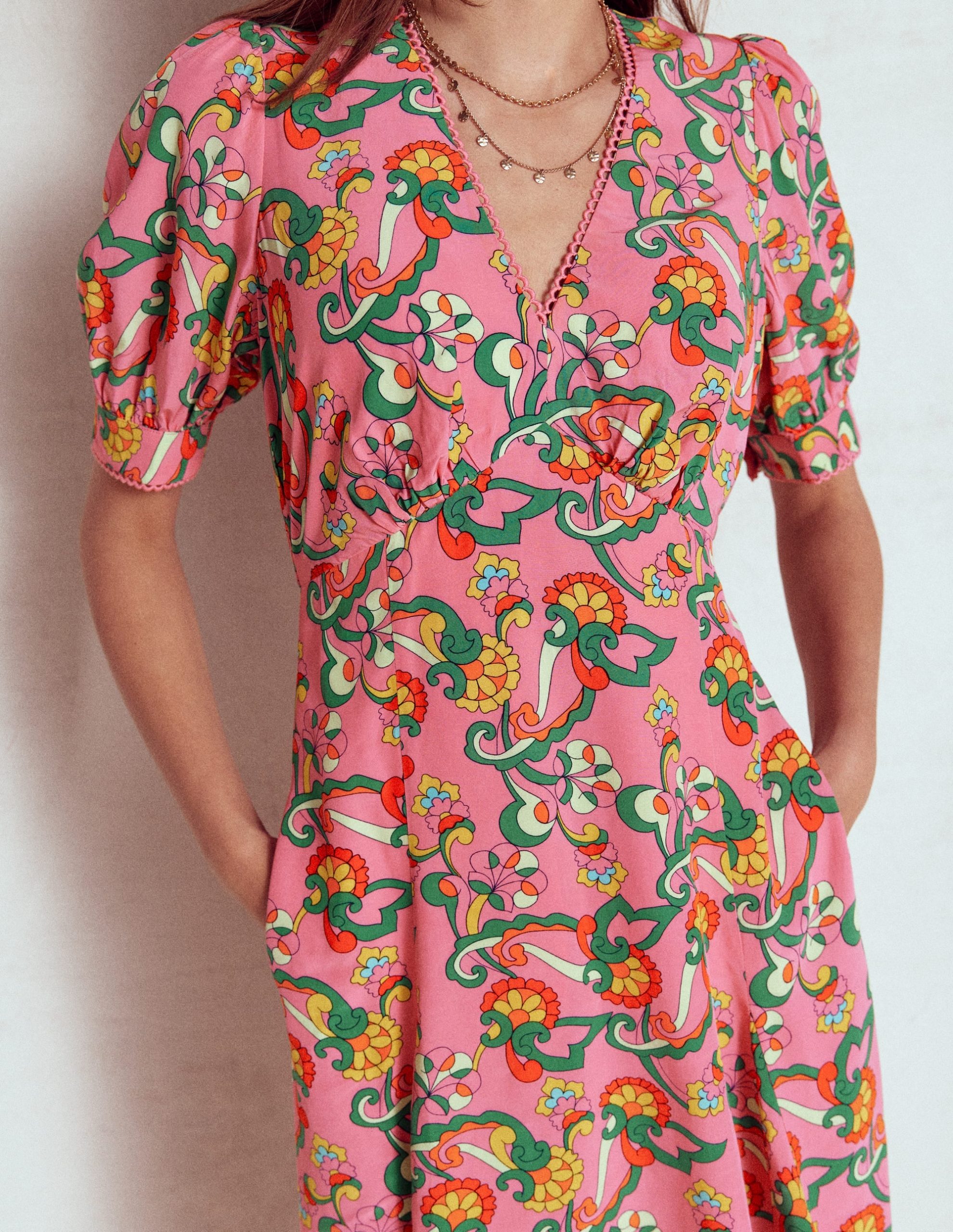 Rosie Godet Tea Dress-Pink Rose. Foliage Trail - Image 2