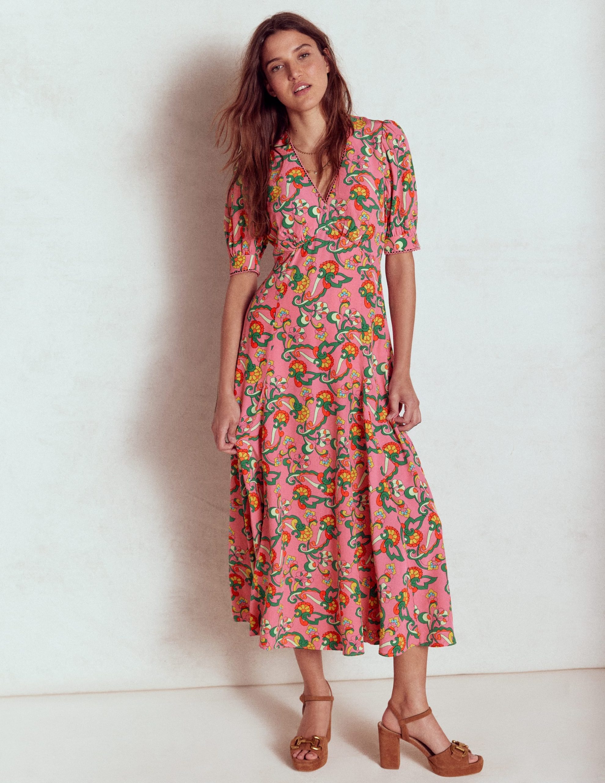 Rosie Godet Tea Dress-Pink Rose. Foliage Trail - Image 4
