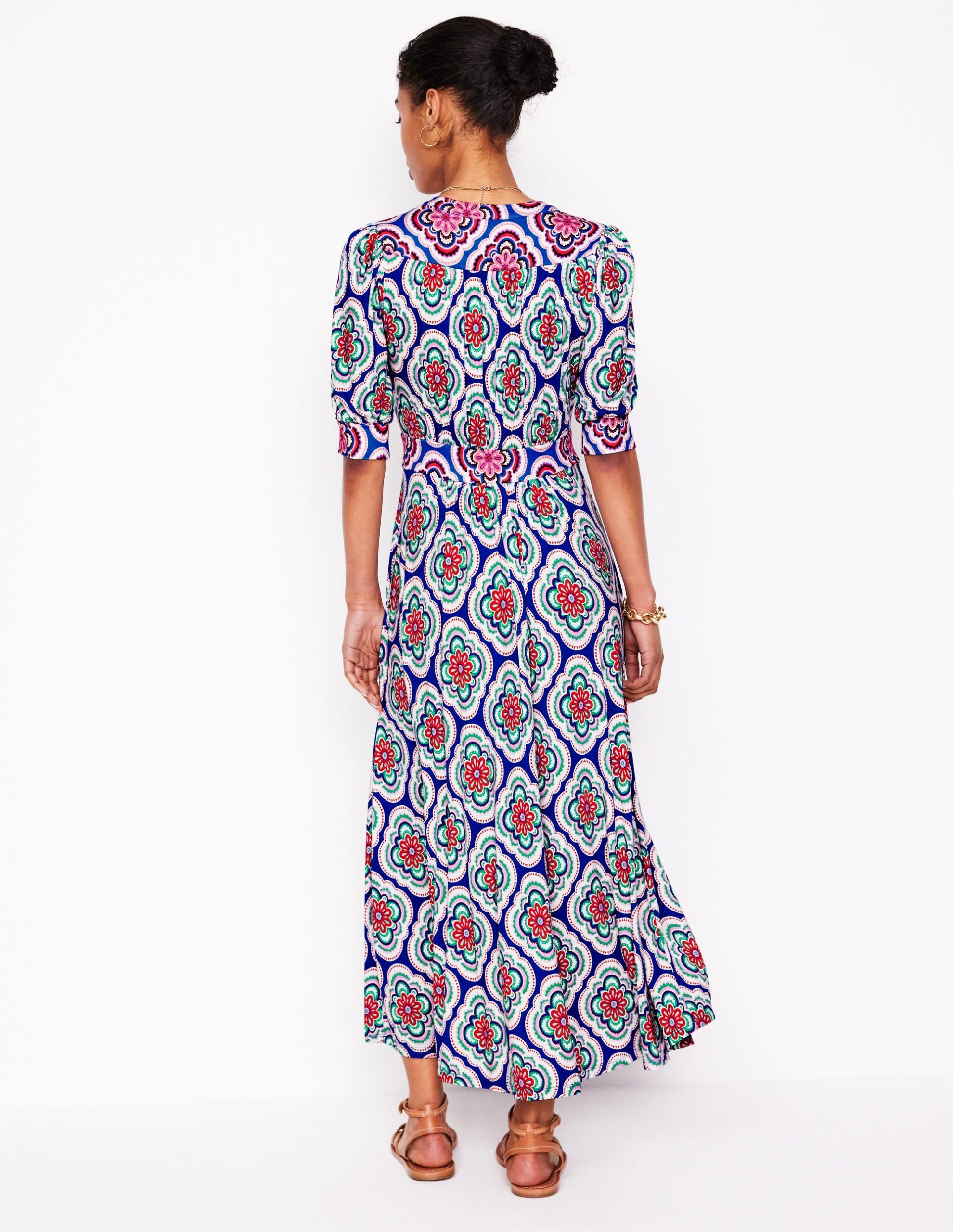 Lily Jersey Midi Tea Dress-Bright Blue. Botanic Blush - Image 3