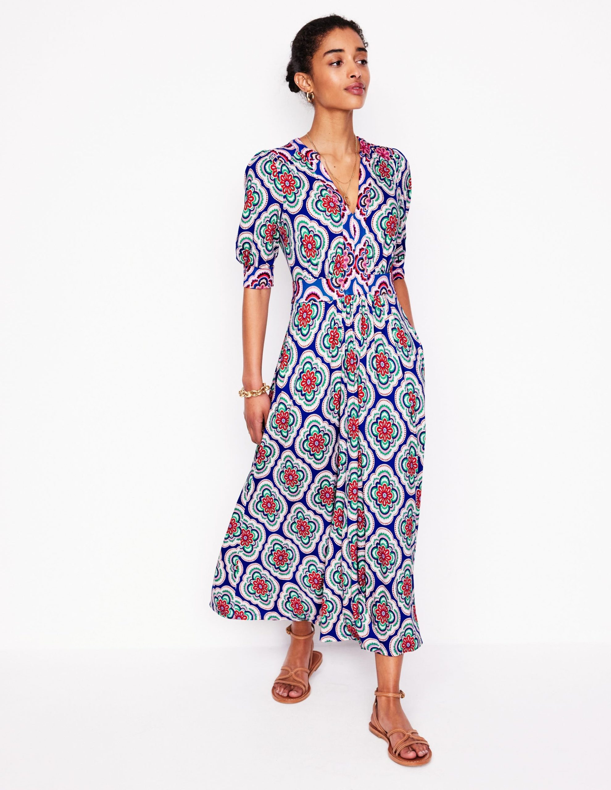 Lily Jersey Midi Tea Dress-Bright Blue. Botanic Blush - Image 4