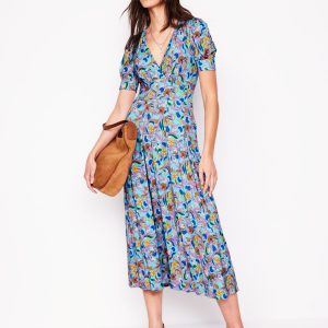Kristen Pleated Jersey Dress-Blue. Enchanting Vine