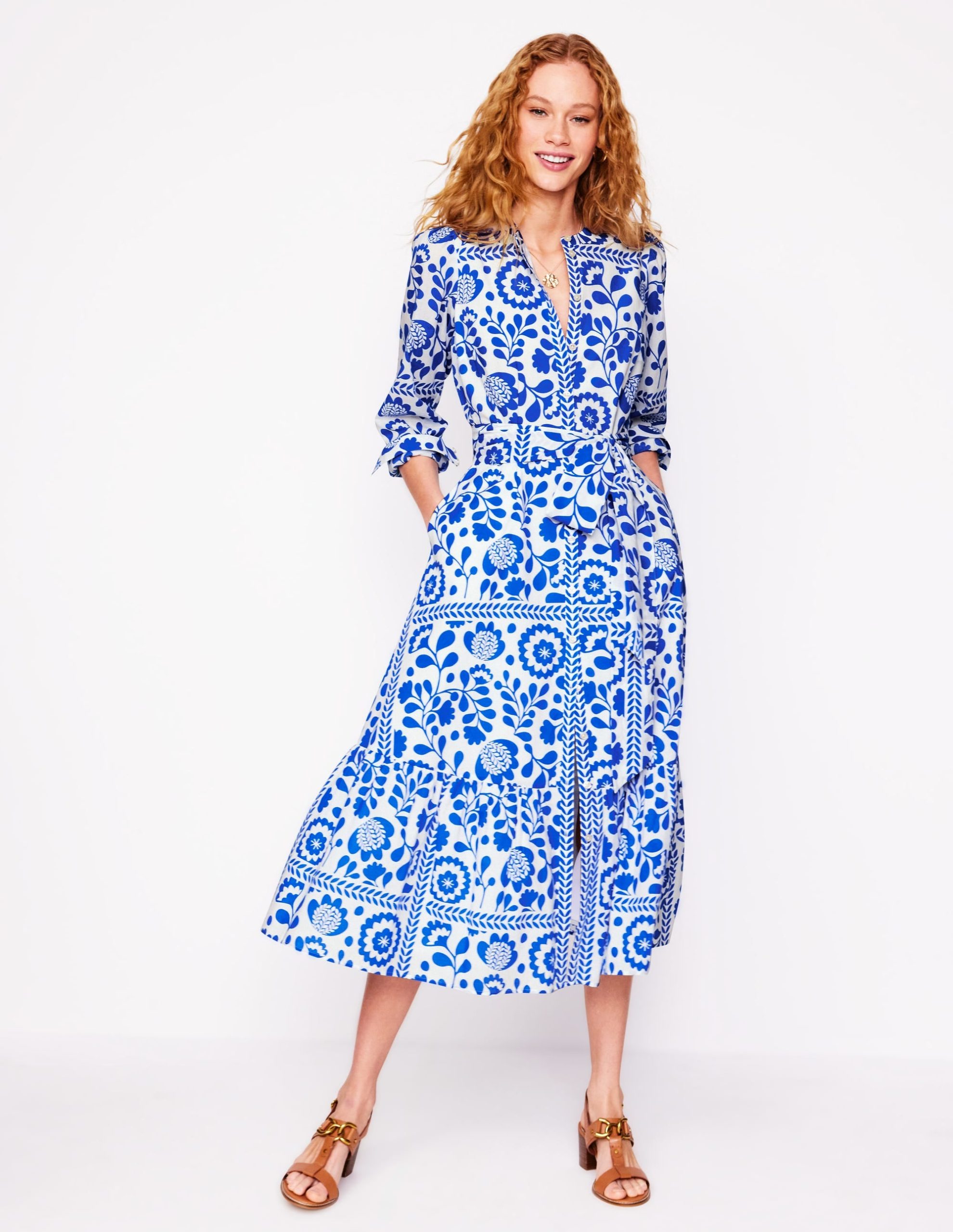 Mia Tiered Shirt Dress-Gallery Blue. Vine Tile