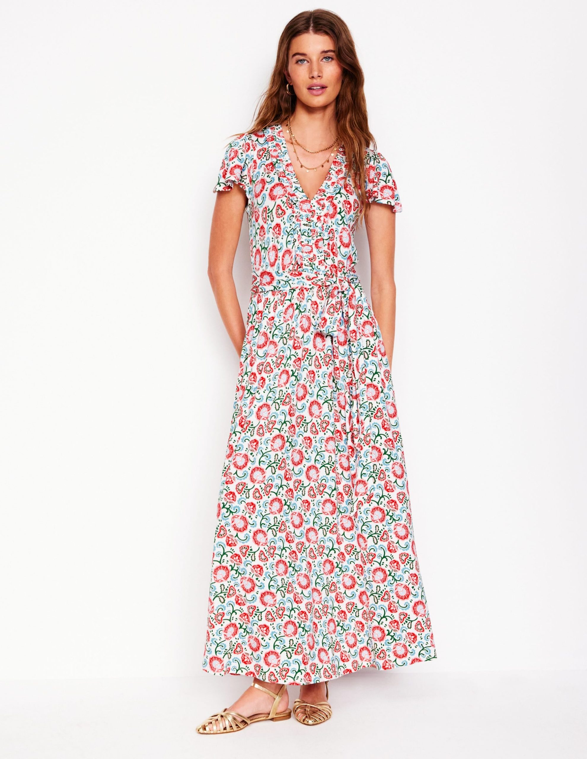 Nicola Jersey Tea Dress-Ivory. Garden Vine