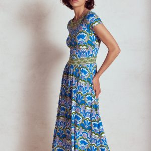 Melanie Jersey Midi Dress-Kingfisher Blue. Freesia Stamp
