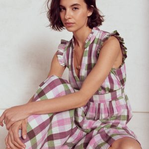 Wren Double Cloth Midi Dress-Pink and Green Multigingham