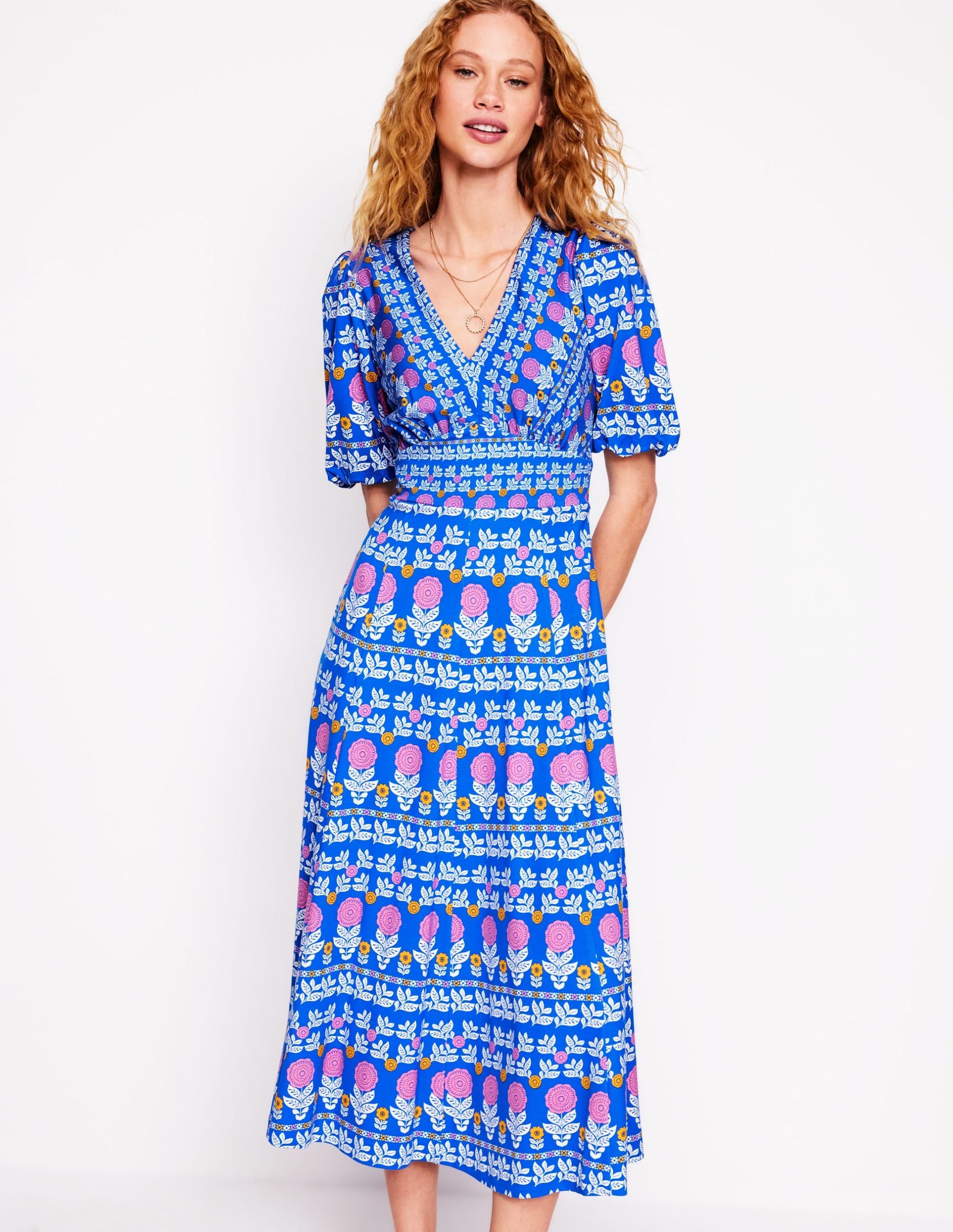 Ponte Puff Sleeve Tea Dress-Gallery Blue. Dahlia Garden
