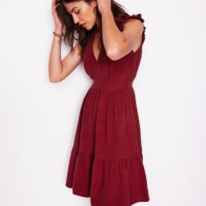 Wren Double Cloth Short Dress-Garnet Red