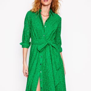 Amy Broderie Midi Shirt Dress-Rich Emerald