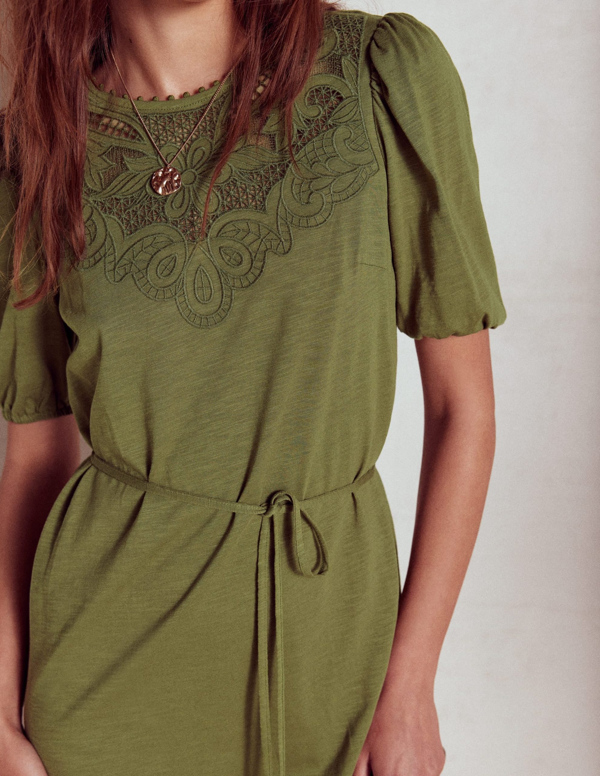 Cutwork Detail Short Dress-Woodland Green - Image 3