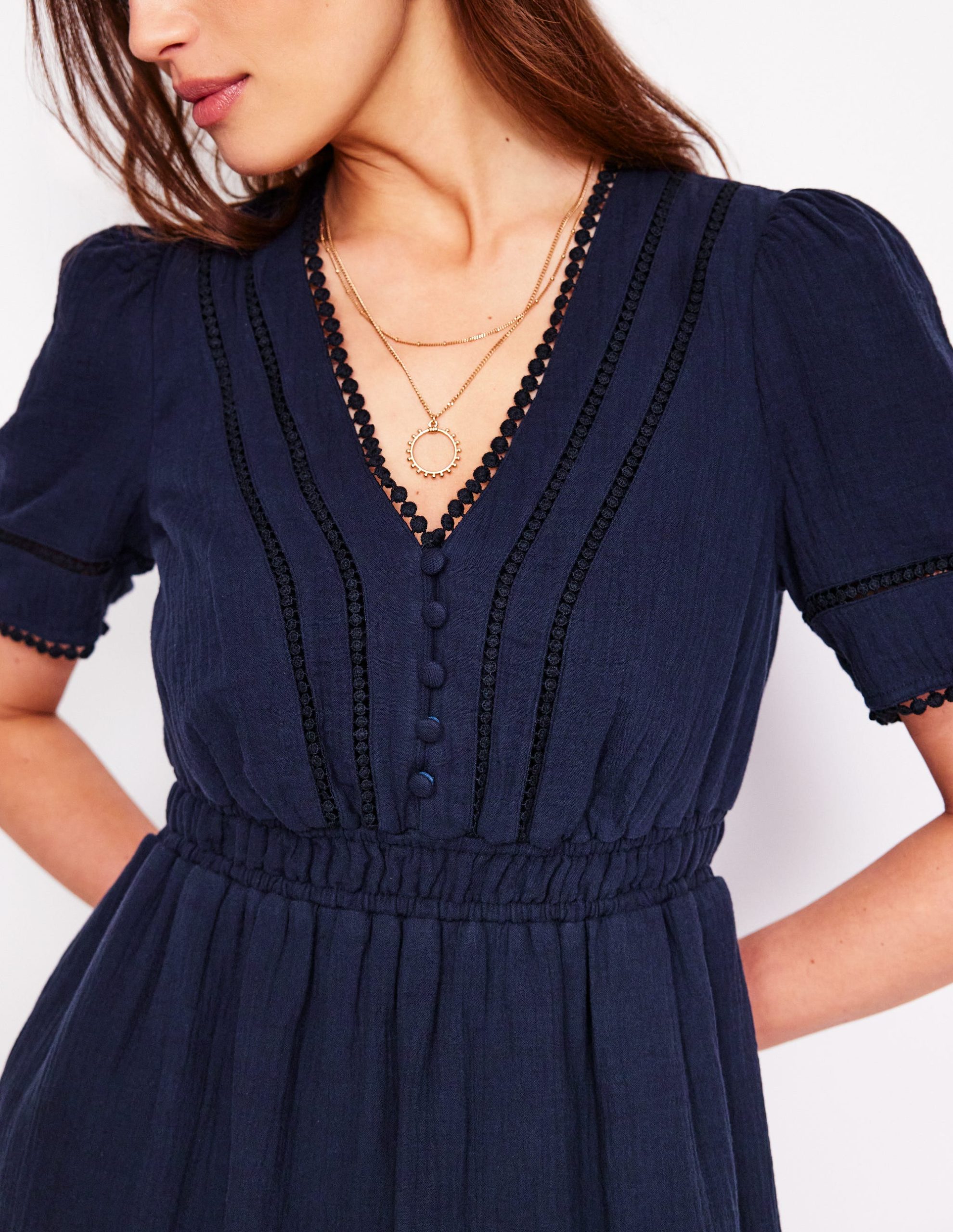 Trim Double Cloth Dress-Navy - Image 2