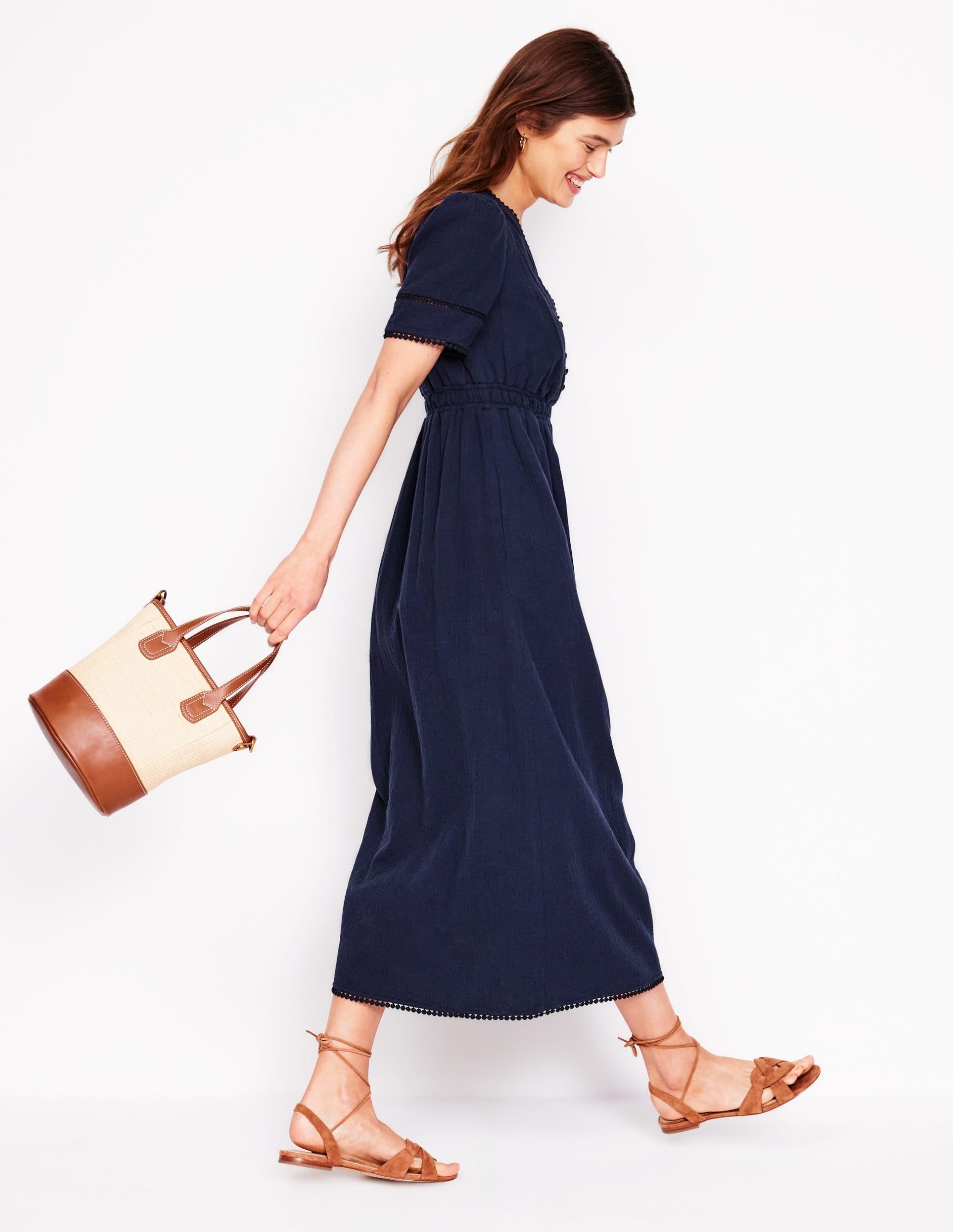 Trim Double Cloth Dress-Navy - Image 4