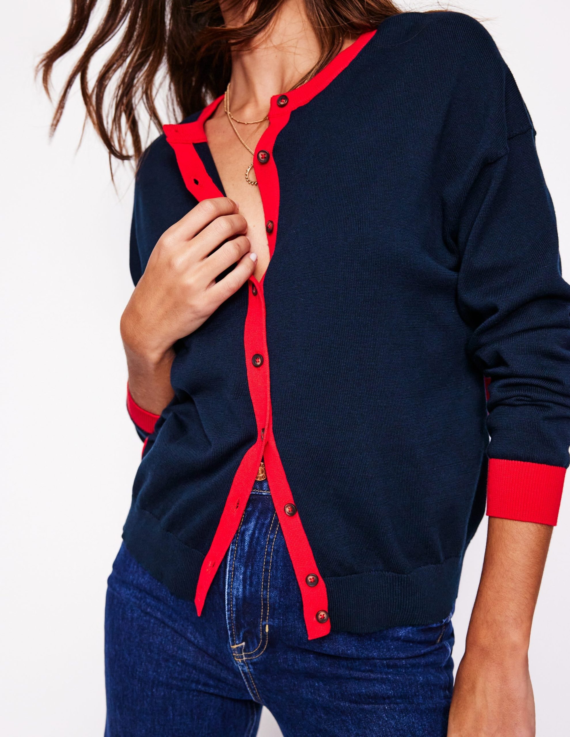 Lara Relaxed Cotton Cardigan-Navy. Poppy Red - Image 2