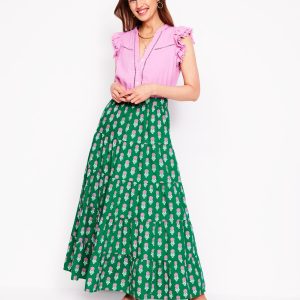 Nadia Poplin Maxi Skirt-Green Stamp. Dahlia Sprig