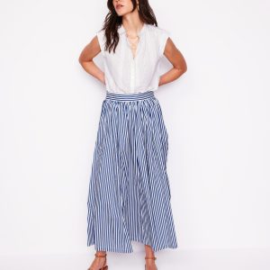 Full Poplin Maxi Skirt-Kingfisher Blue. Fine Stripe