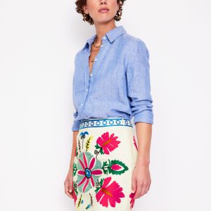 Aline Embroidered Linen Skirt-Ivory Embroidery