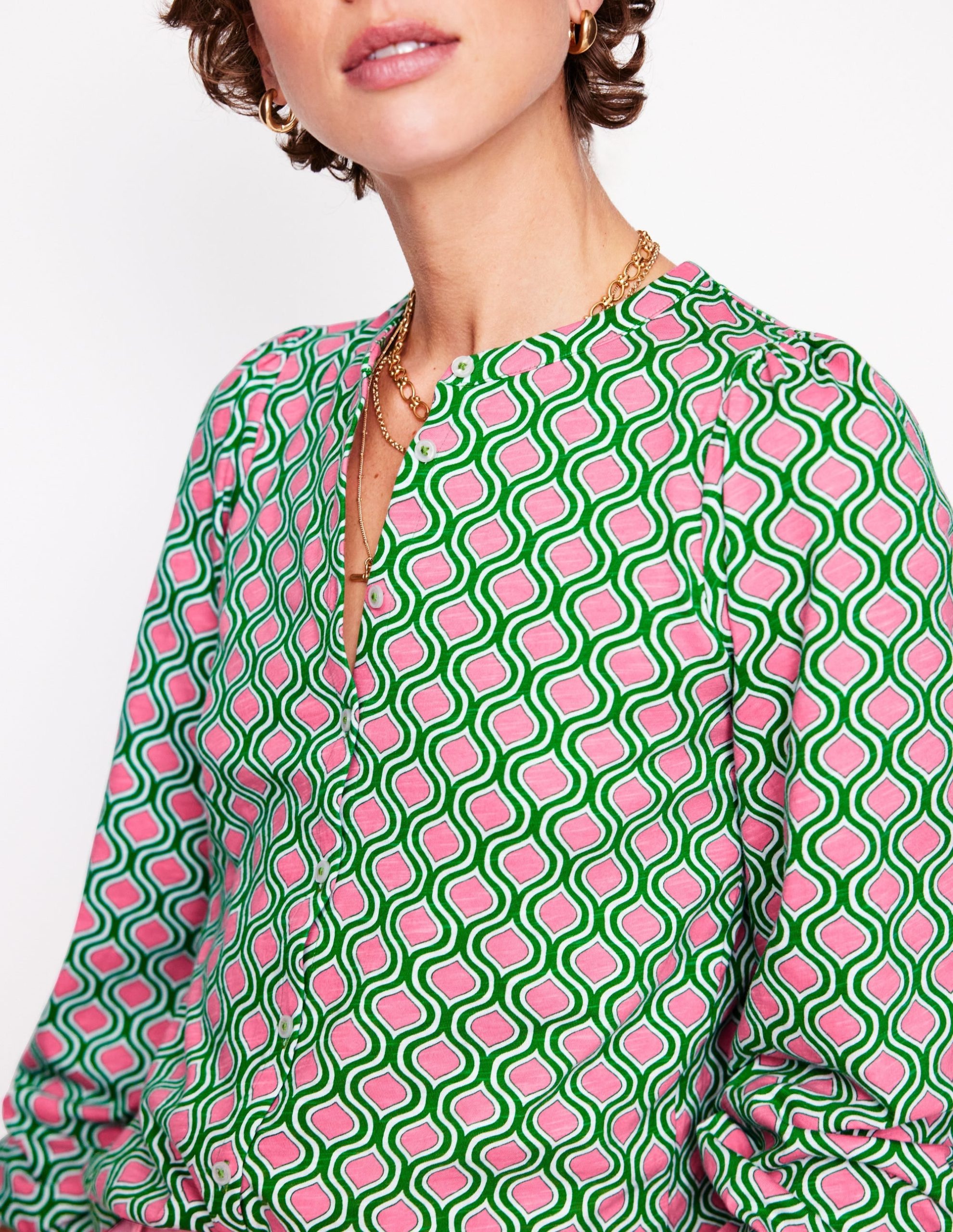 Marina Jersey Shirt-Rich Emerald. Geo Trellis - Image 2