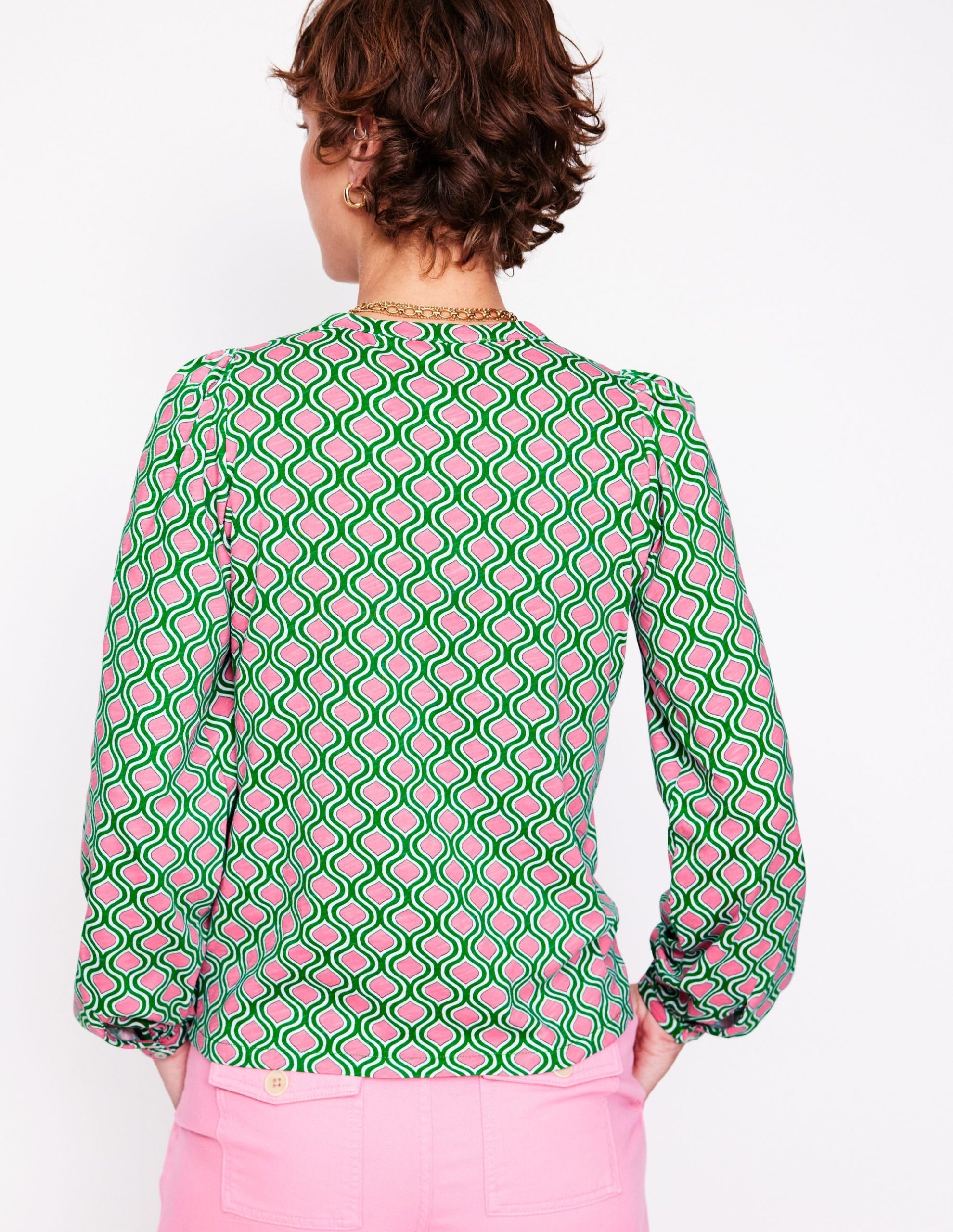 Marina Jersey Shirt-Rich Emerald. Geo Trellis - Image 3