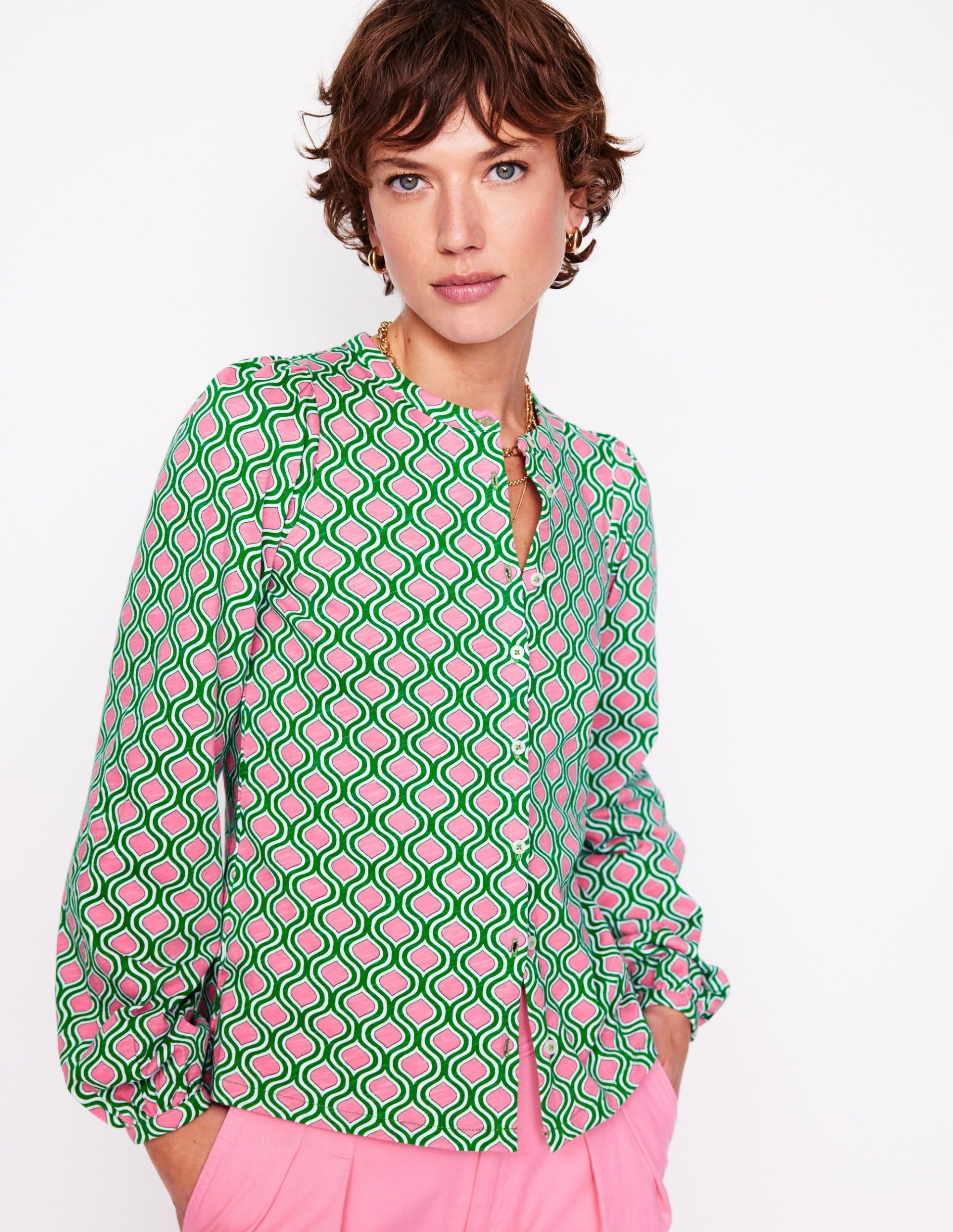 Marina Jersey Shirt-Rich Emerald. Geo Trellis - Image 4