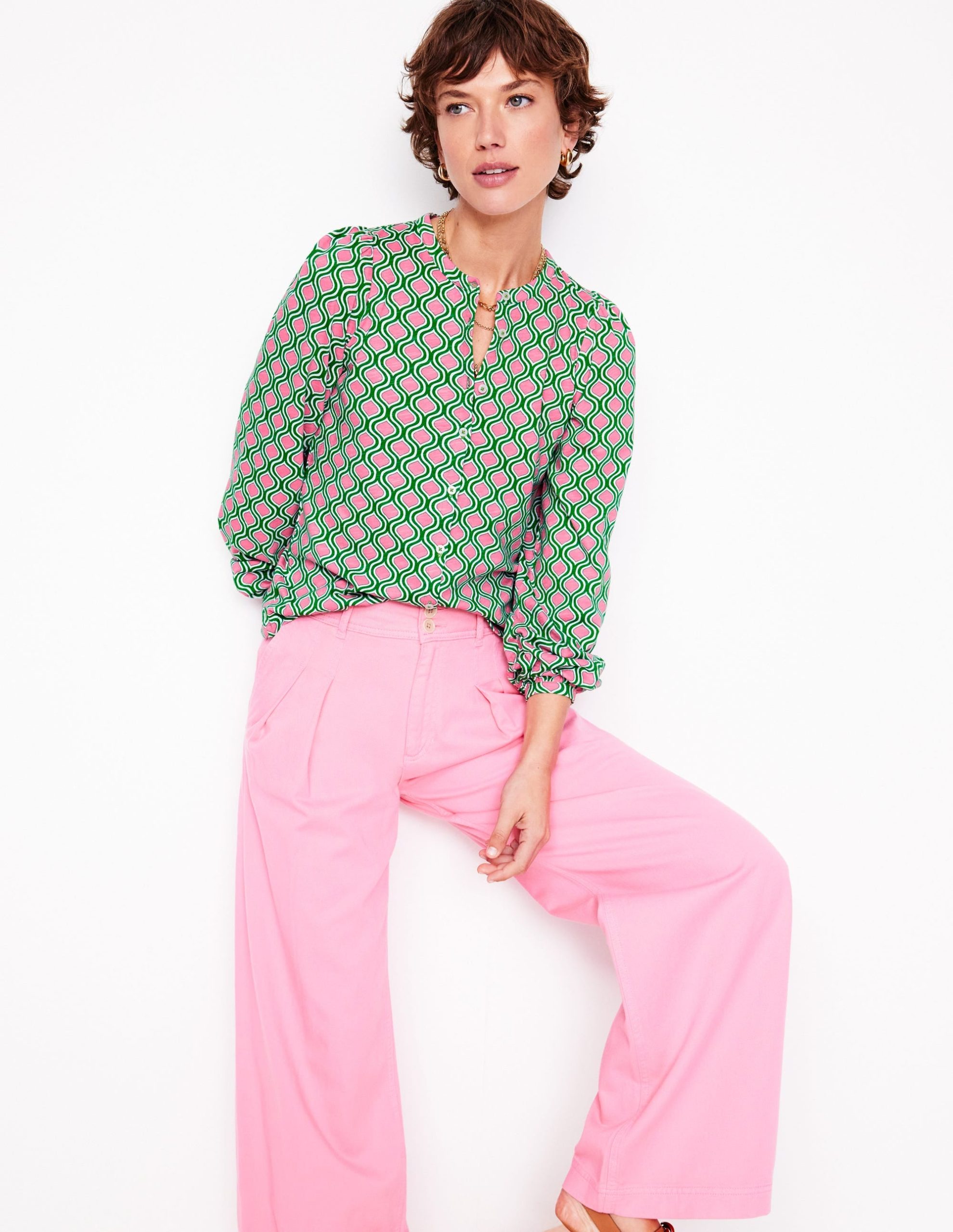 Marina Jersey Shirt-Rich Emerald. Geo Trellis - Image 5