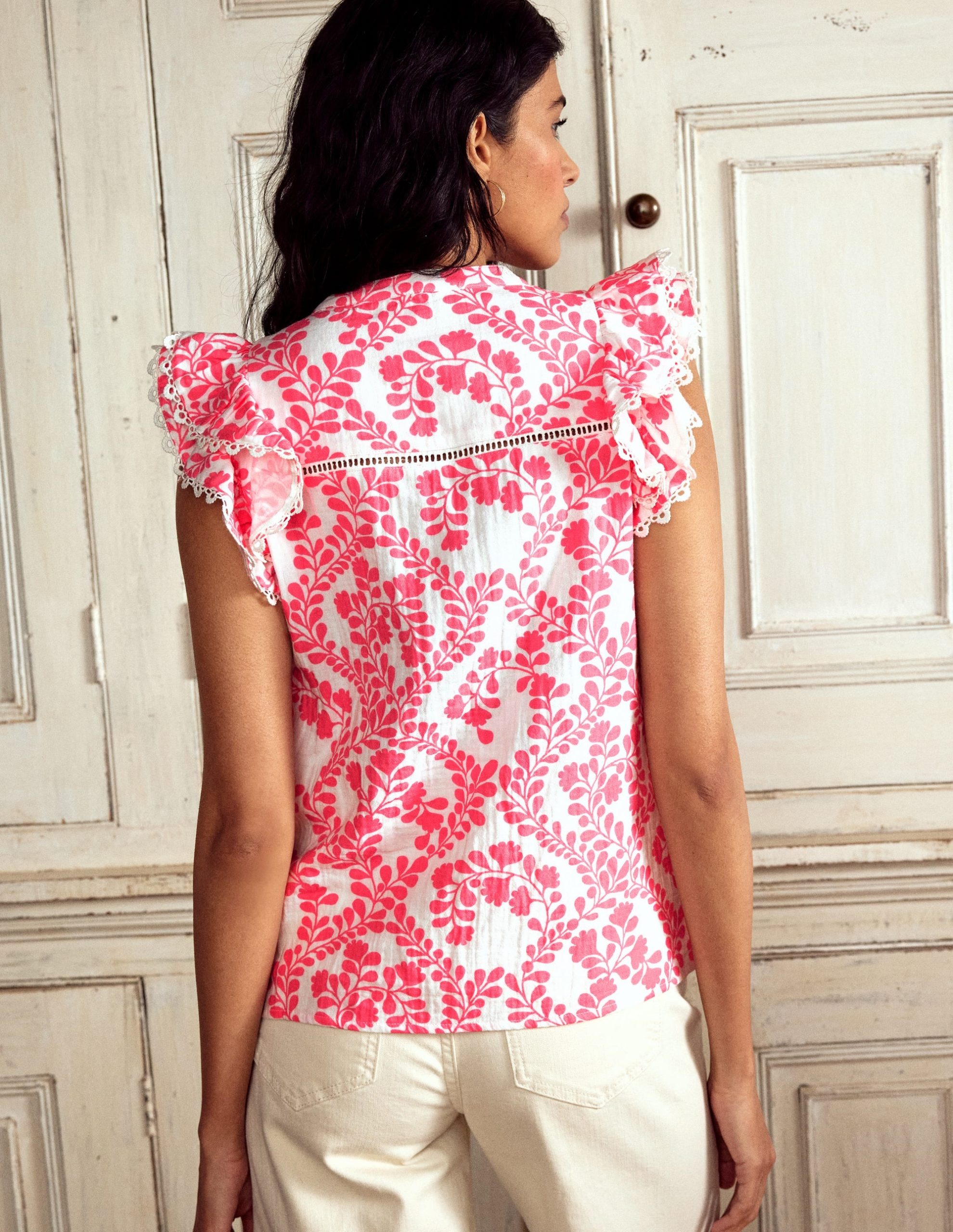 Sleeveless Double Cloth Top-Azalea Pink. Vine Silhouette - Image 3