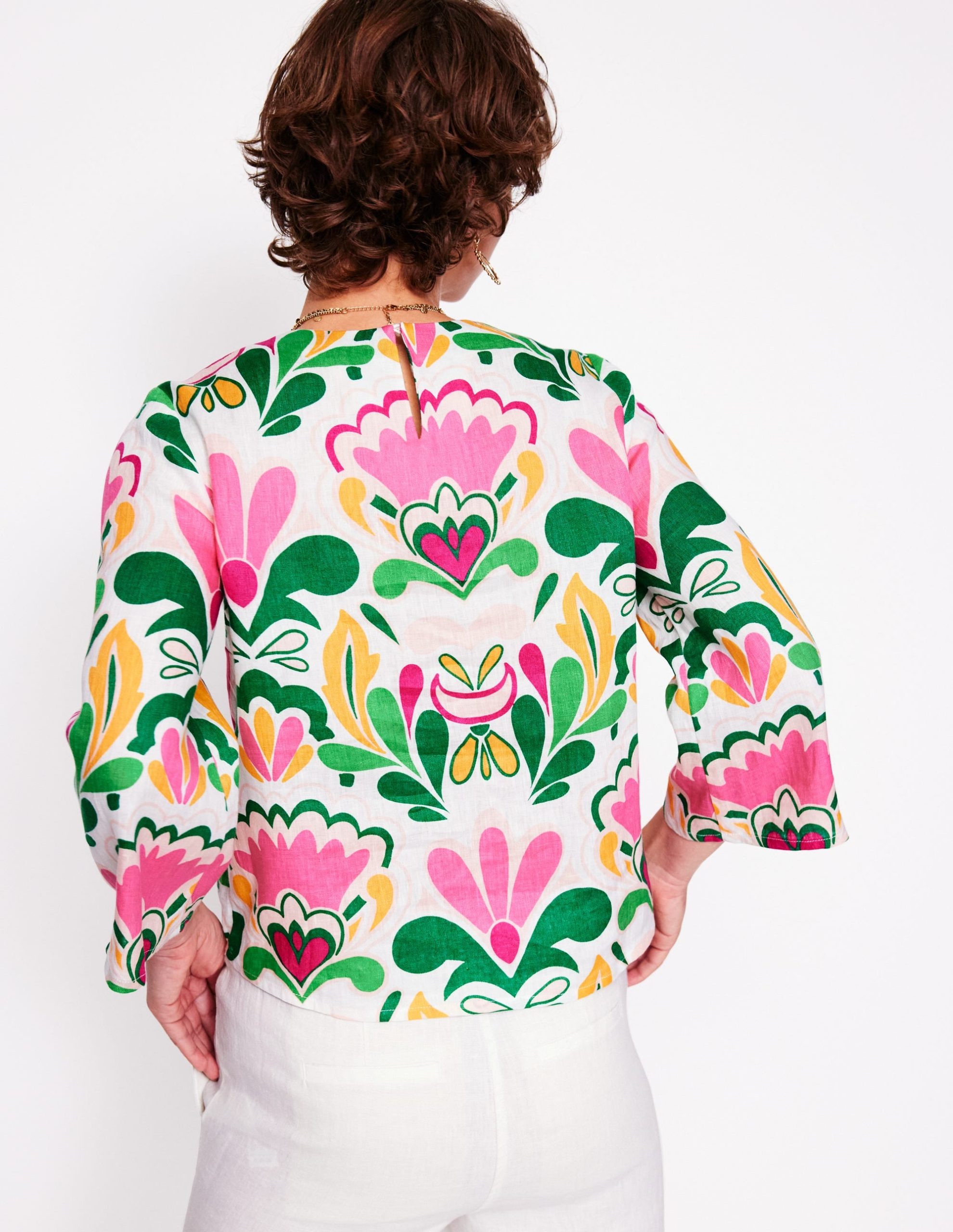 Fluted Sleeve Linen Top-Multi. Freesia Stamp - Image 4