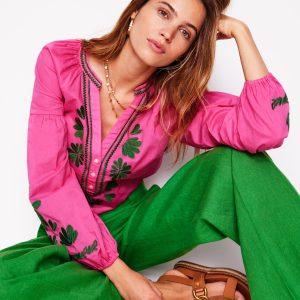 Raglan Embroidered Cotton Top-Sorbet Pink