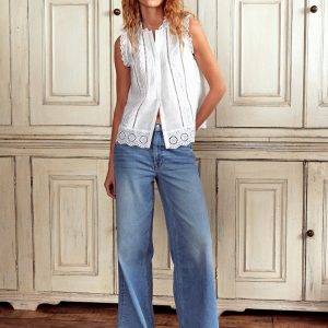 Sleeveless Broderie Top-White