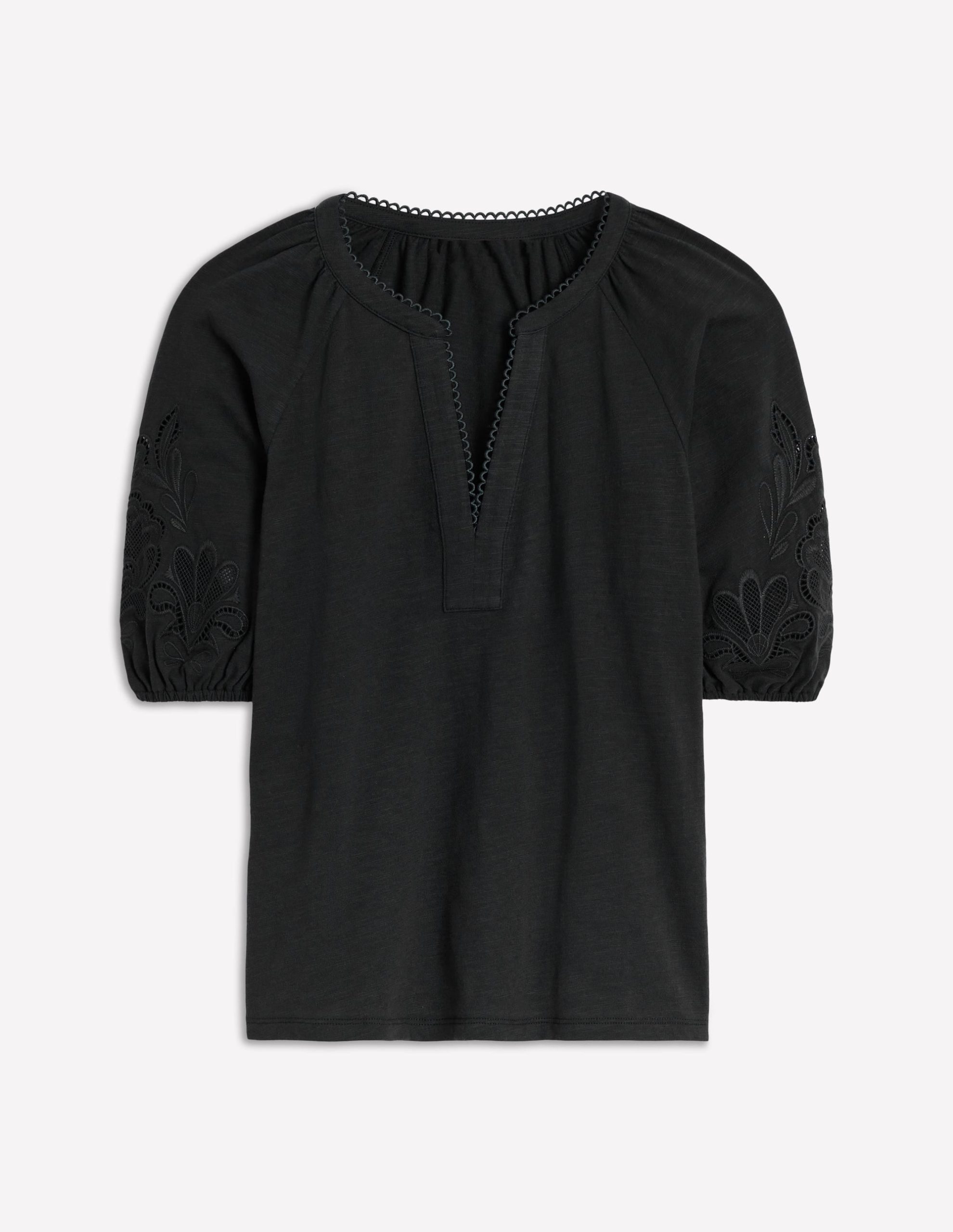 Cutwork Notch Neck Top-Black - Image 5
